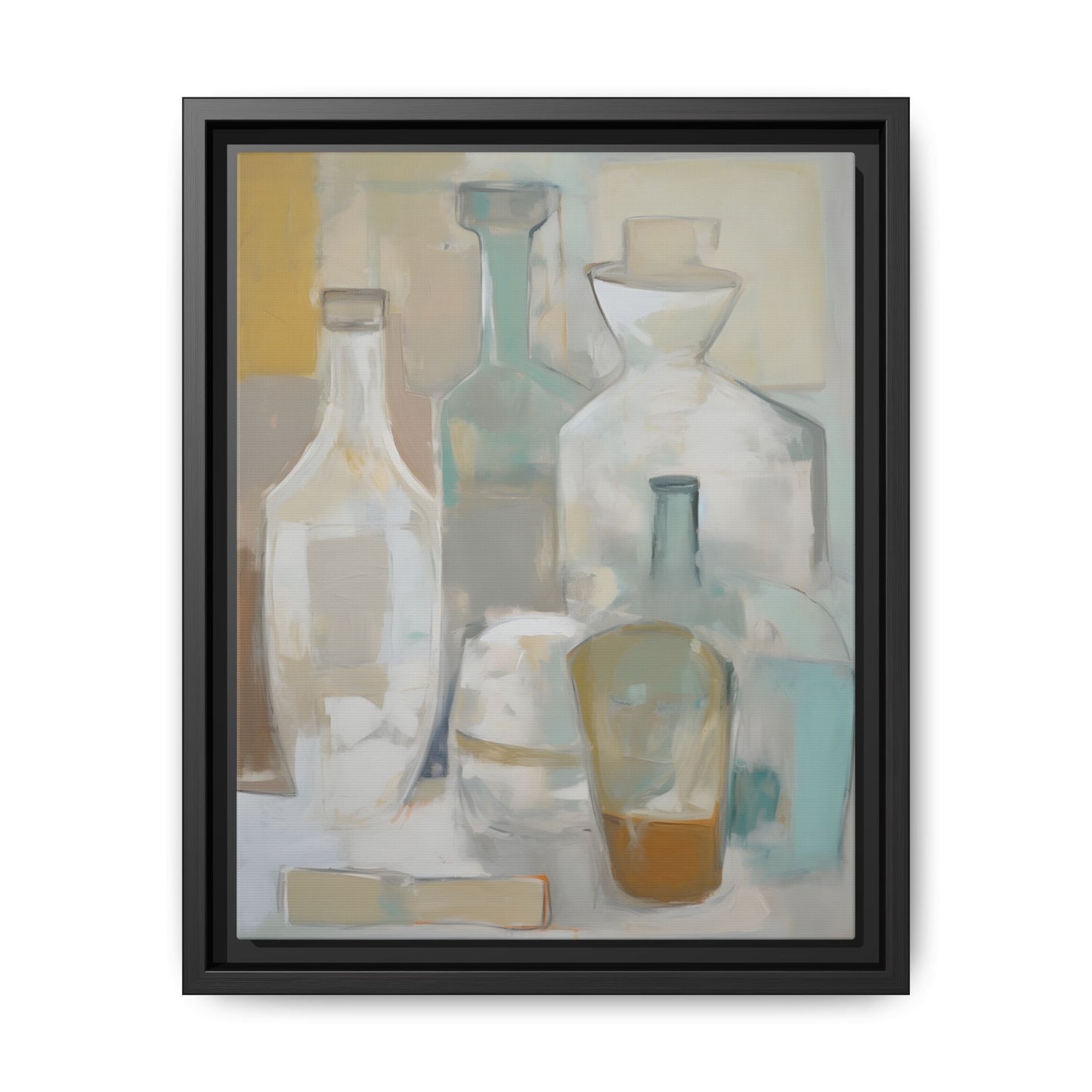 Modern Still Life Wall Art – Neutral Bottles Framed Canvas in Beige, Aqua & Amber depicting translucent bottles in soothing colors