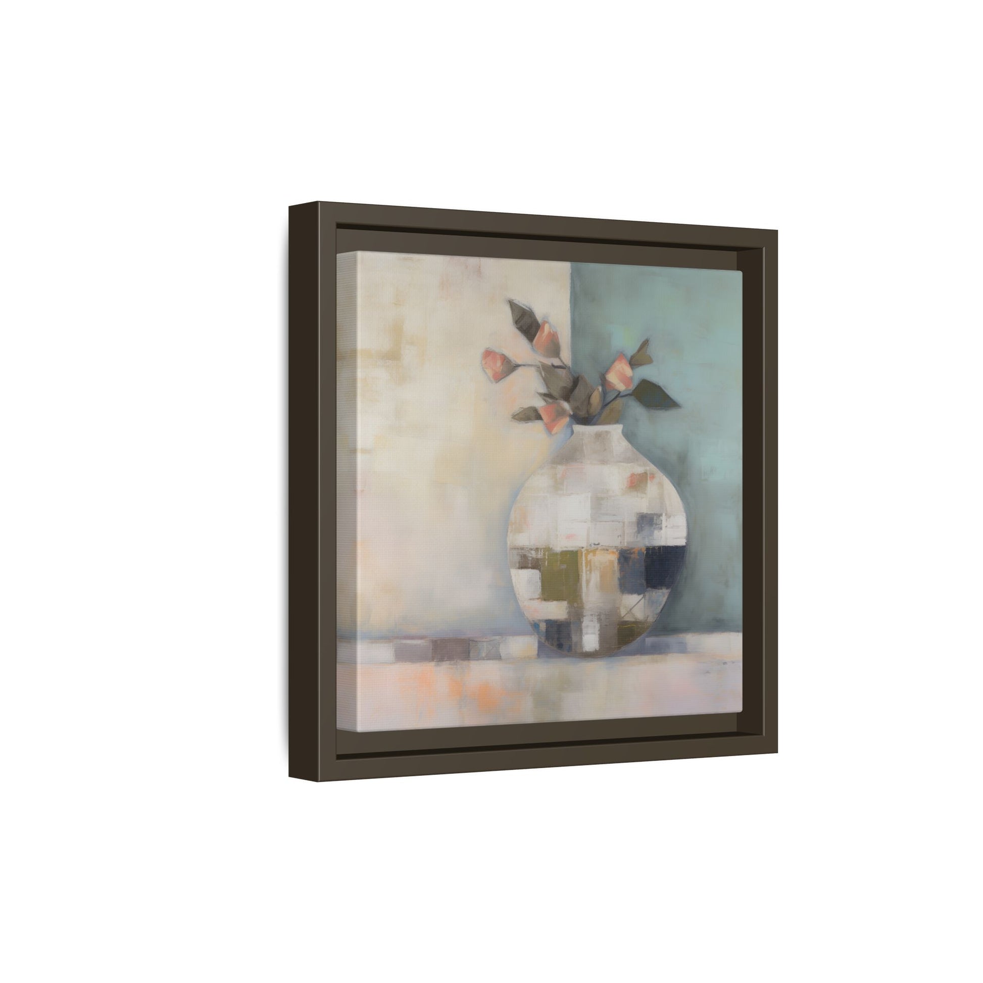 Geometric Floral Still Life Wall Art – Framed Abstract Canvas with Vase and Blush Pink Buds, featuring a geometric vase and rosebuds.