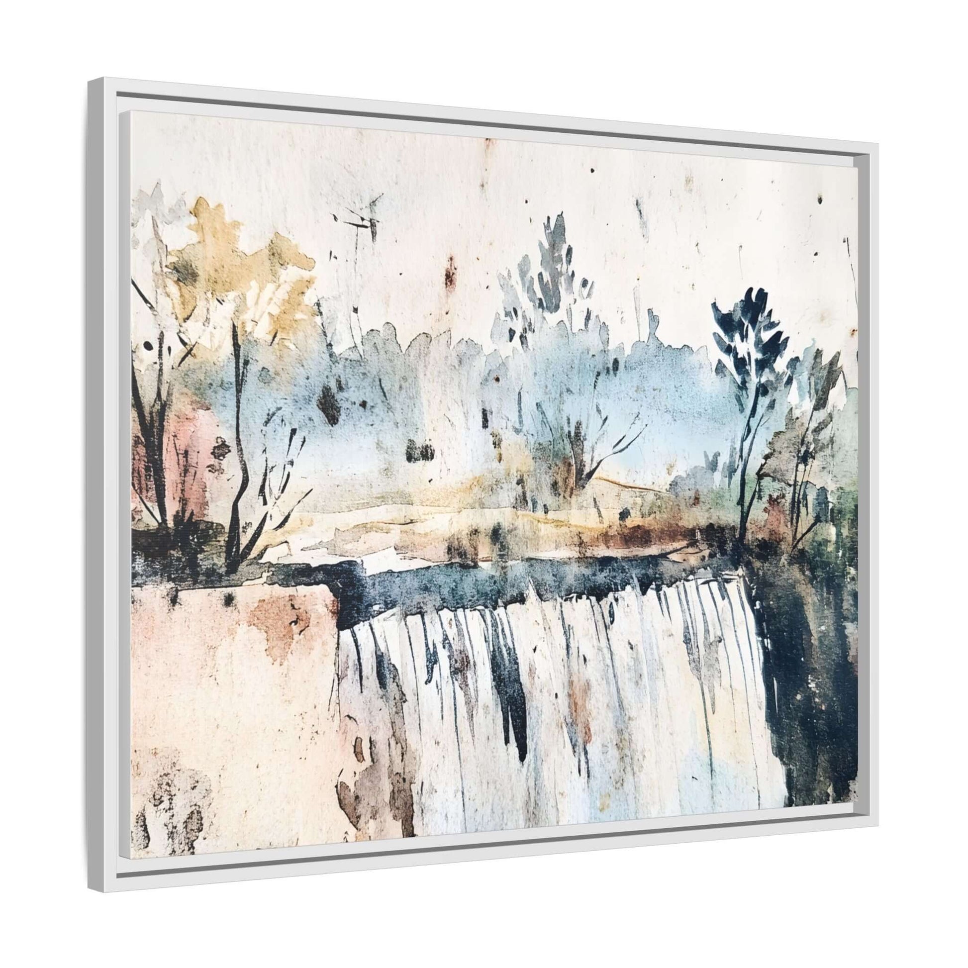 Framed watercolor wall art featuring serene landscape with trees and waterfall. Horizontal orientation, perfect for home decor.