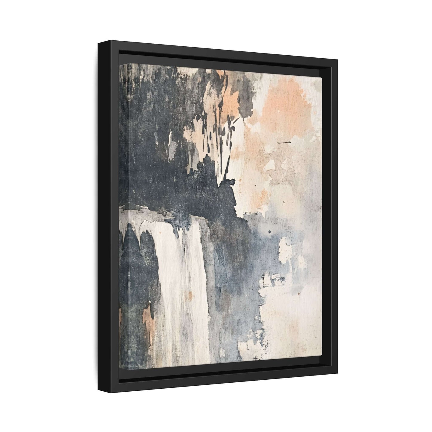 Framed waterfall art print on matte canvas for home decor, featuring abstract nature design, size 16x20 inches vertical.