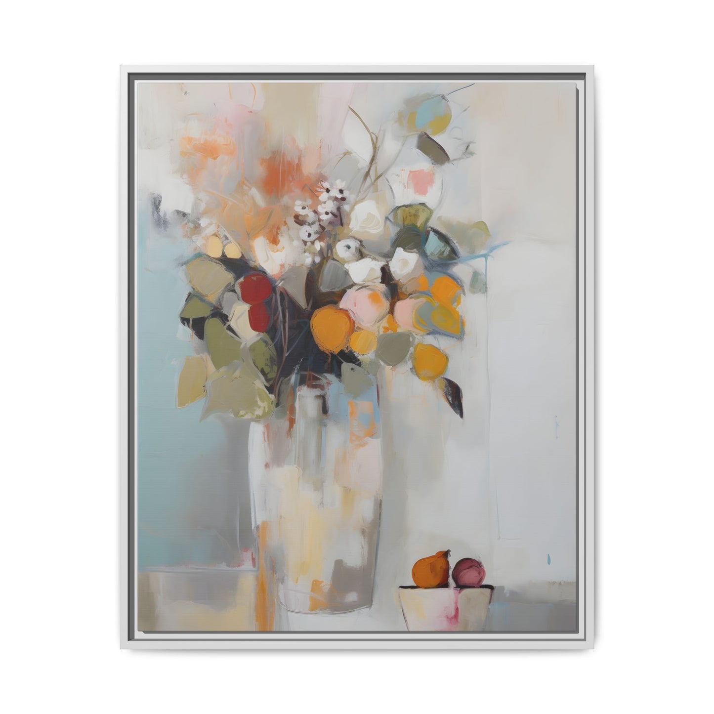 Colorful Floral Still Life Wall Art – Framed Abstract Canvas with Bright Blooms and Fruit Bowl in vibrant shades of orange, red, and green.