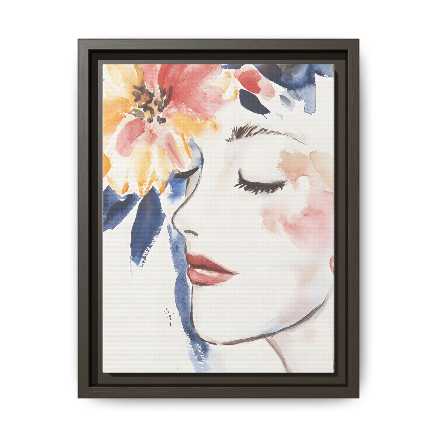 Multi-Color Framed Matte Canvas Art - Floral Face Portrait, vertical canvas with artistic flower and face design in frame