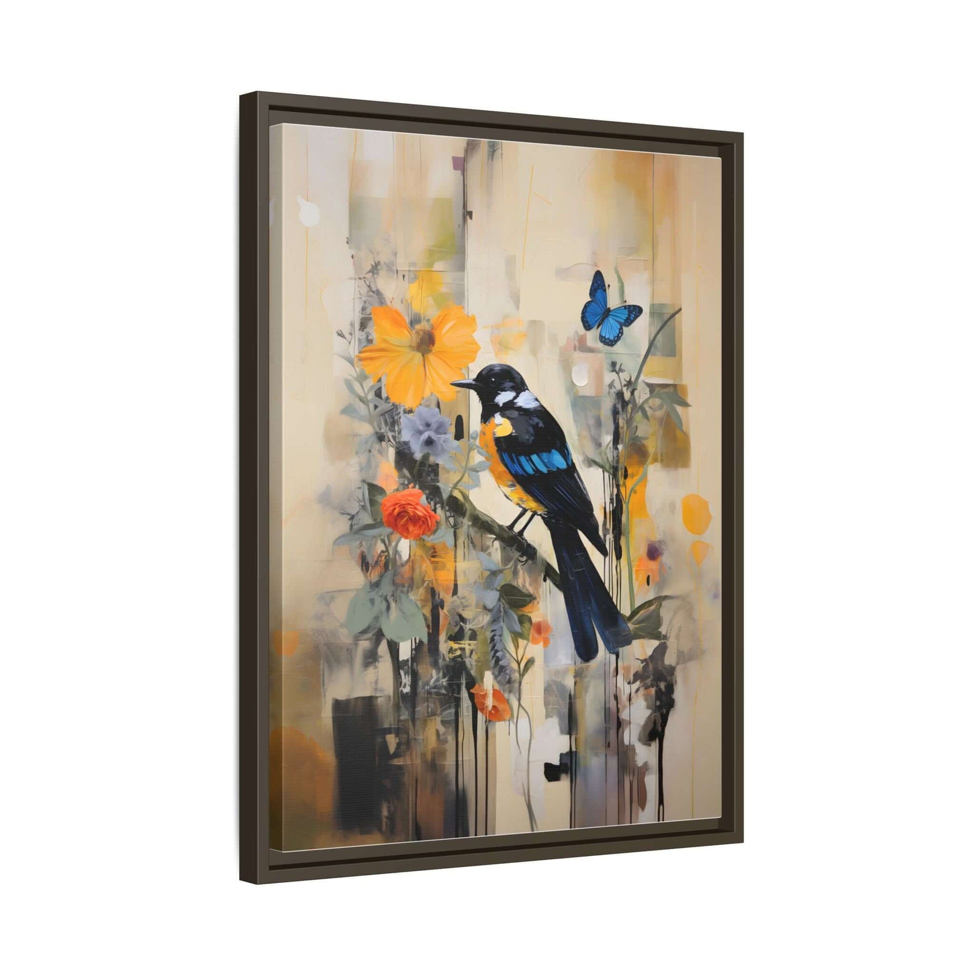 Framed canvas art featuring a colorful bird and butterfly among vibrant flowers, enhancing home decor with a lively and artistic touch.