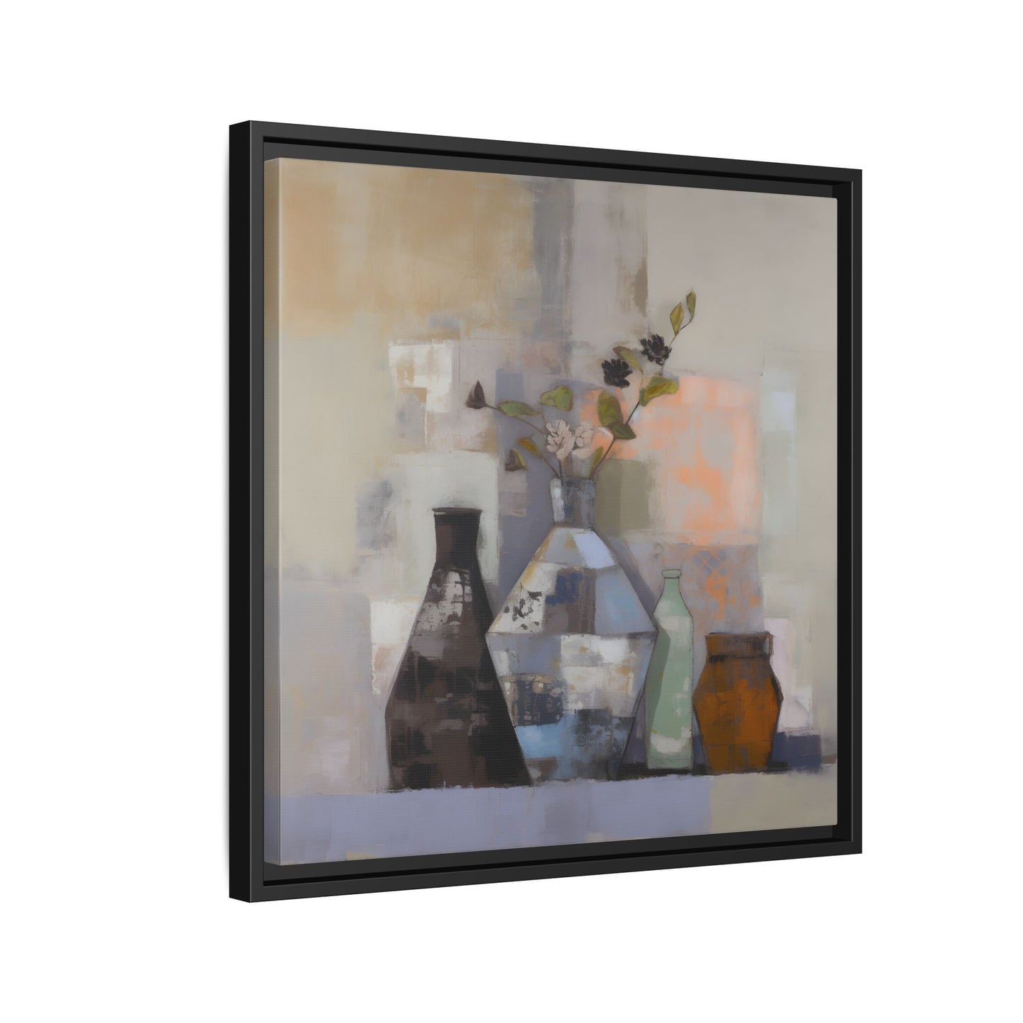 Earthy Bottle Still Life Wall Art – Framed Abstract Canvas with Geometric Vases in Neutral Tones showcasing rustic modern style.