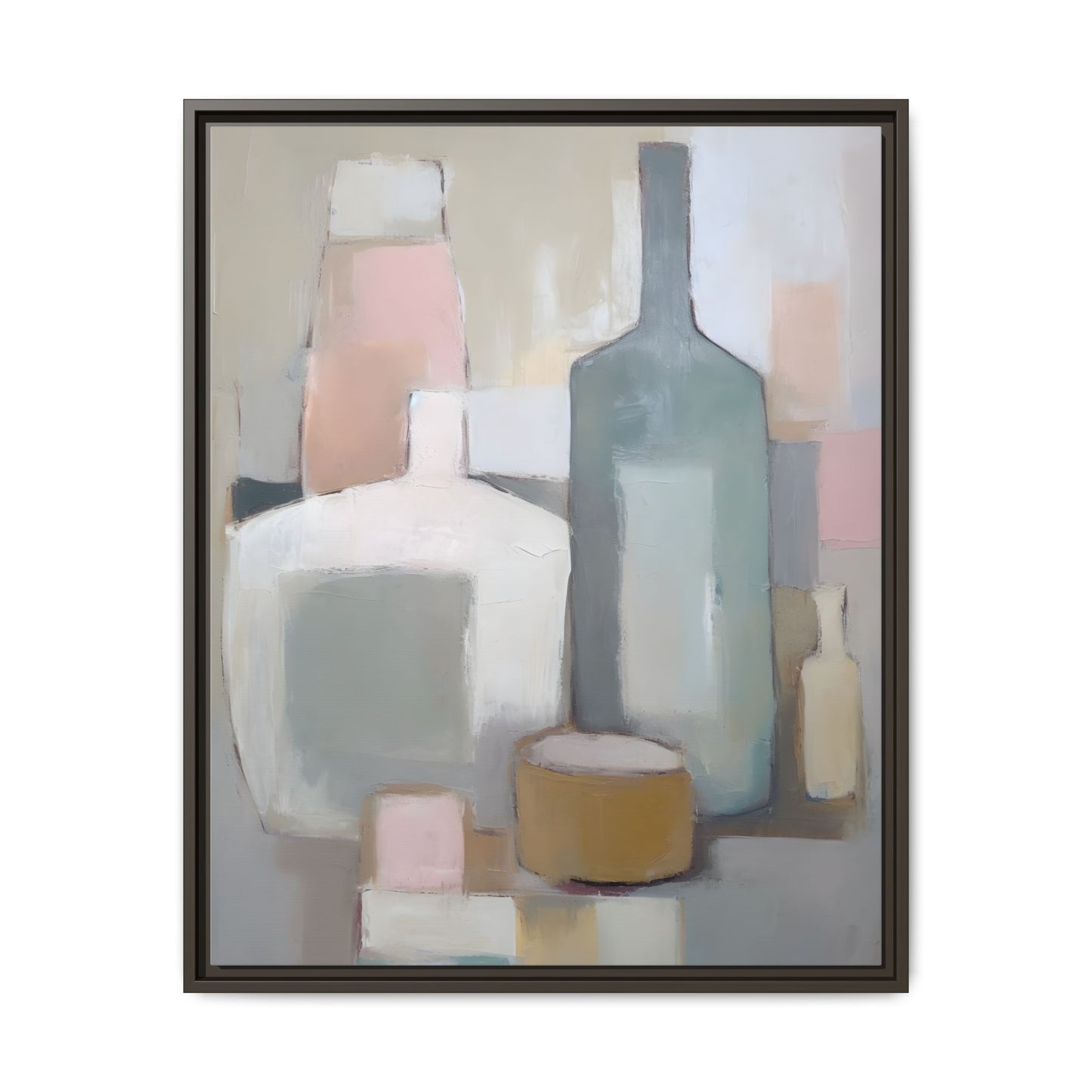 Modern Abstract Bottle Still Life Wall Art – Framed Canvas in Soft Pink, Blue, and Beige, serene abstract painting for elegant decor.