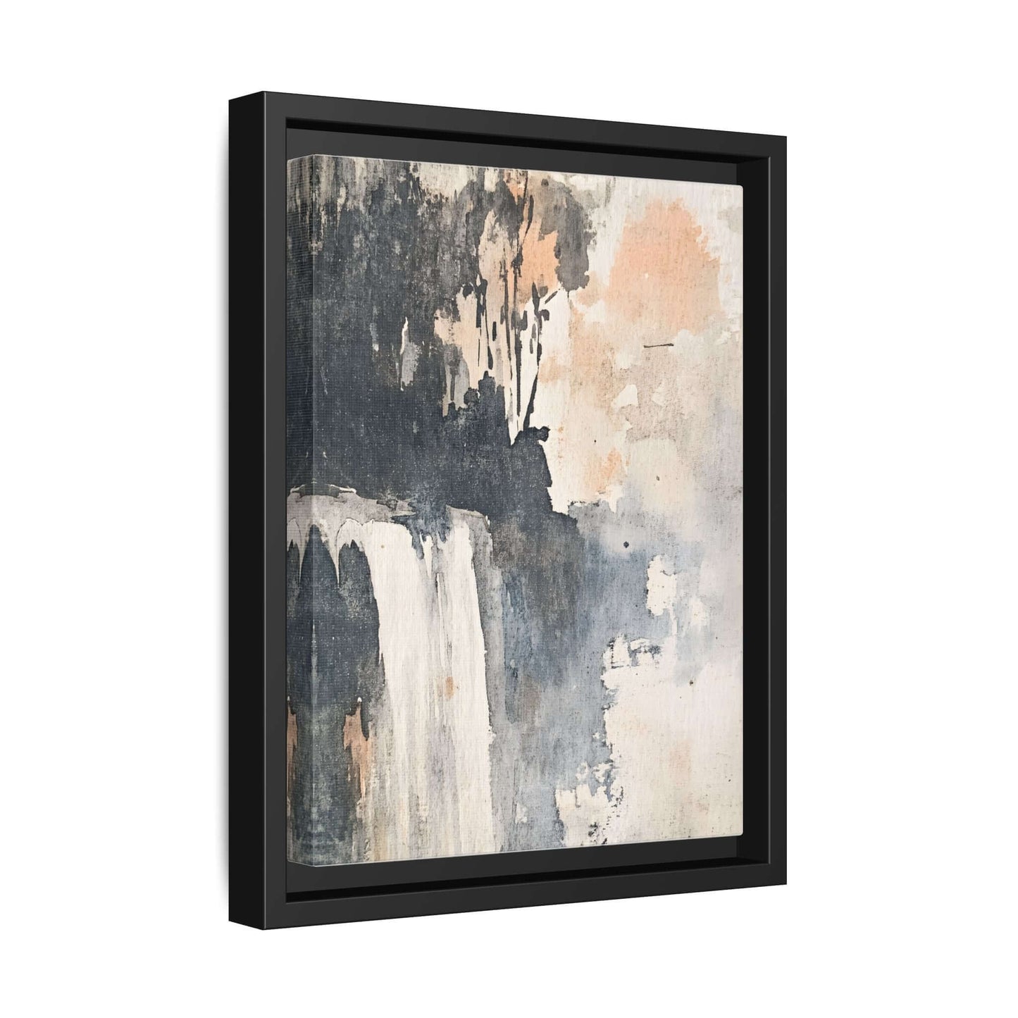 Framed waterfall art print on matte canvas, showing a serene abstract landscape with soft pastel colors, perfect for home decor.