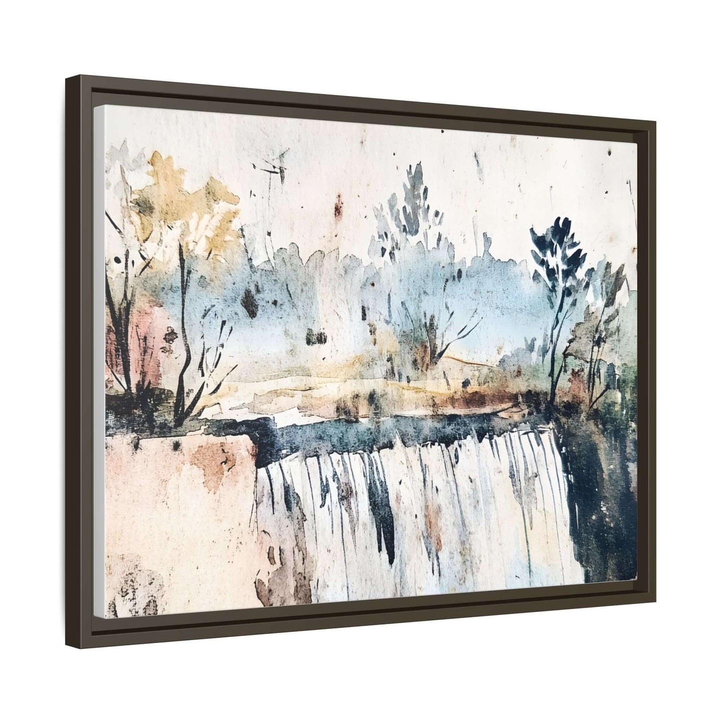 Framed watercolor wall art depicting a serene landscape with a waterfall, featuring muted colors and abstract trees.