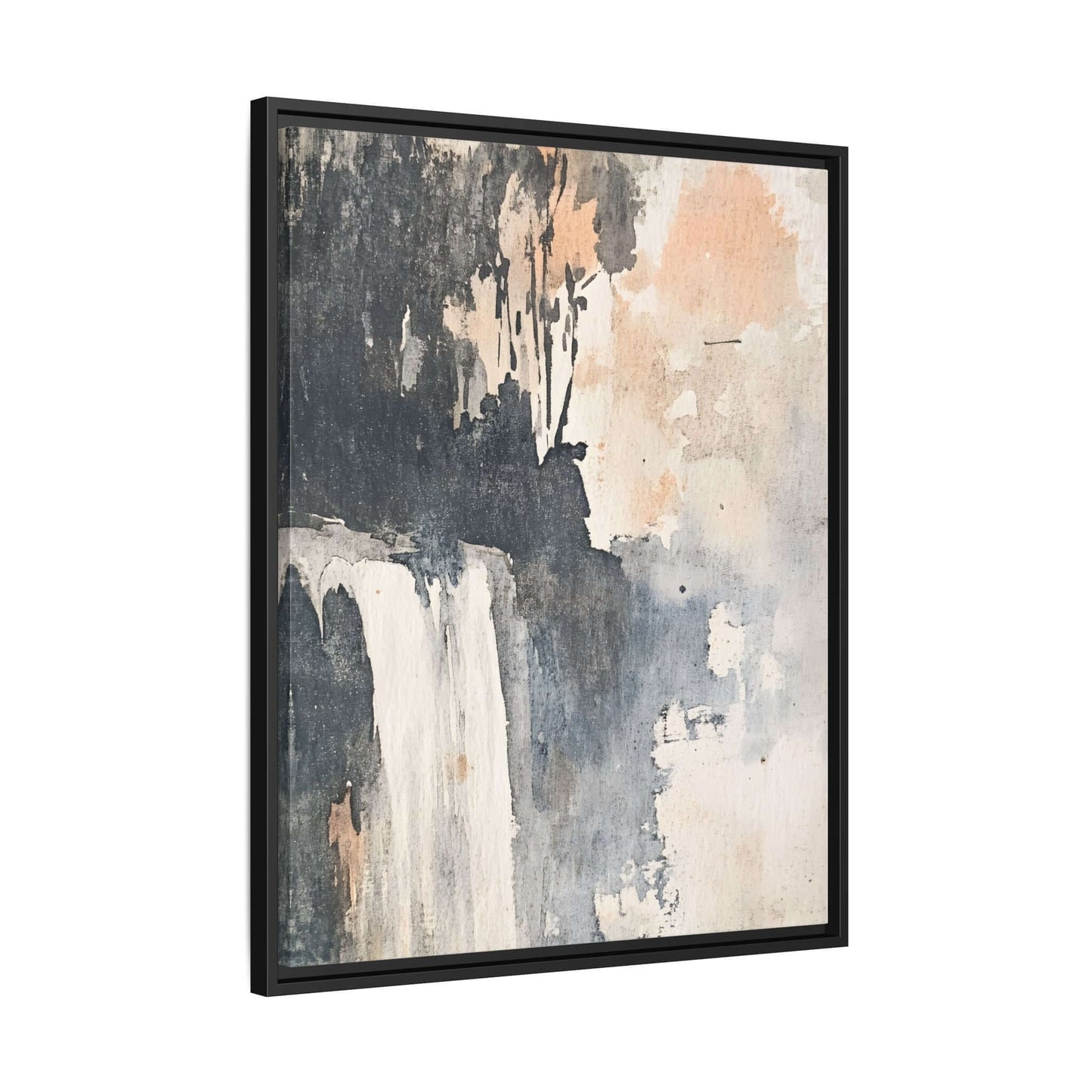 Framed watercolor waterfall art print on matte canvas, perfect for home decor, showcasing abstract vertical landscape painting.