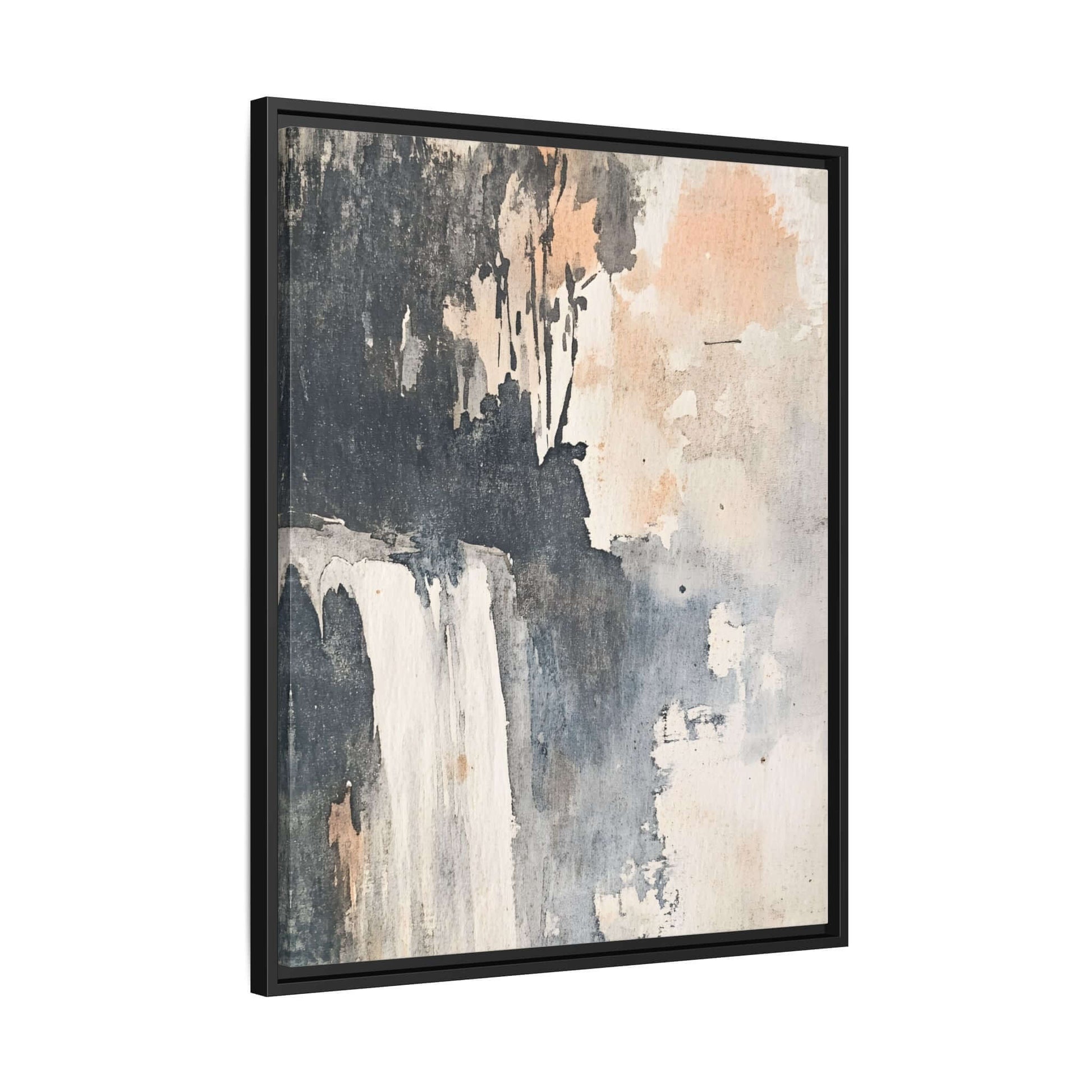 Framed watercolor waterfall art print on matte canvas, perfect for home decor, showcasing abstract vertical landscape painting.