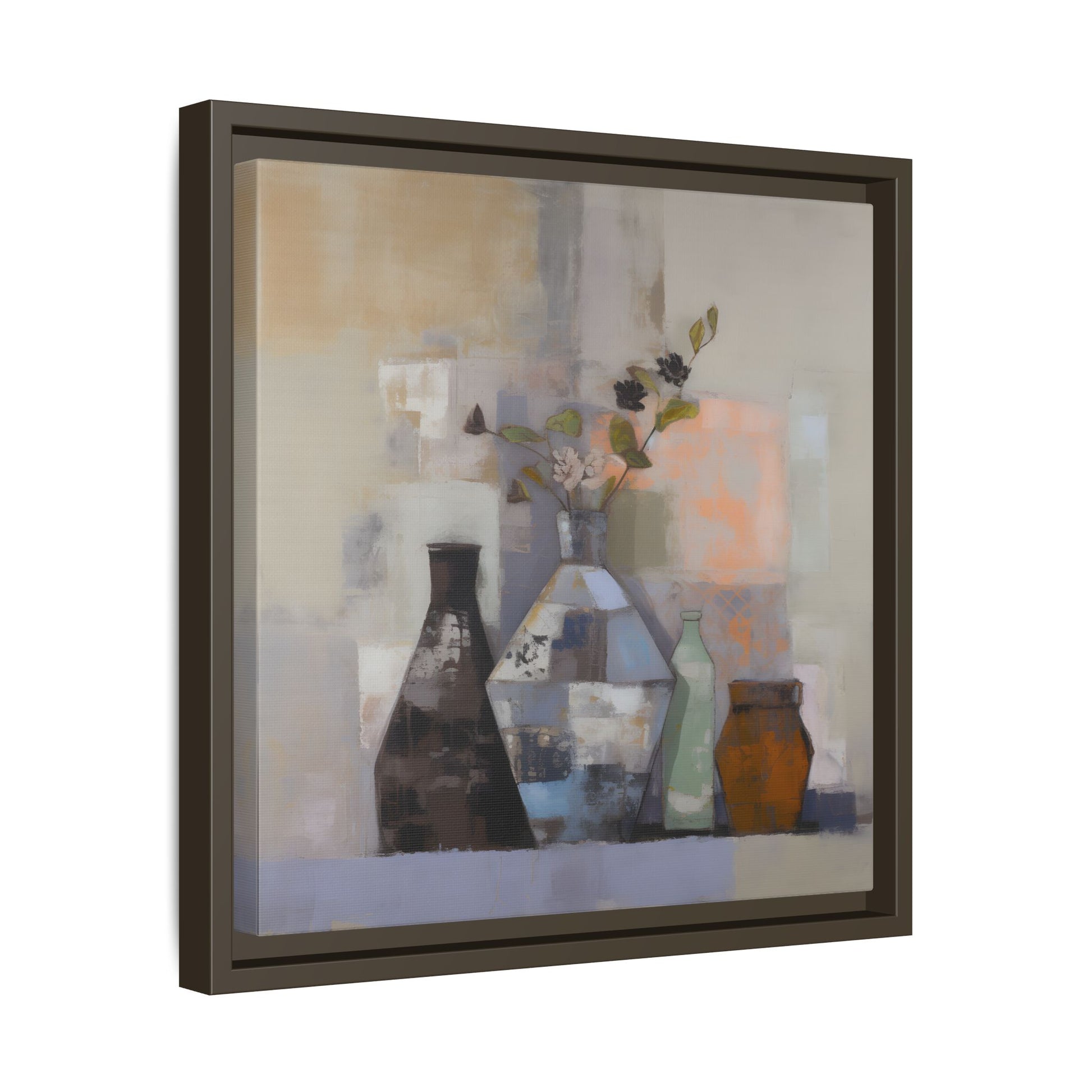 Earthy Bottle Still Life Wall Art – Framed Abstract Canvas with Geometric Vases in Neutral Tones, featuring patchwork brushstrokes.