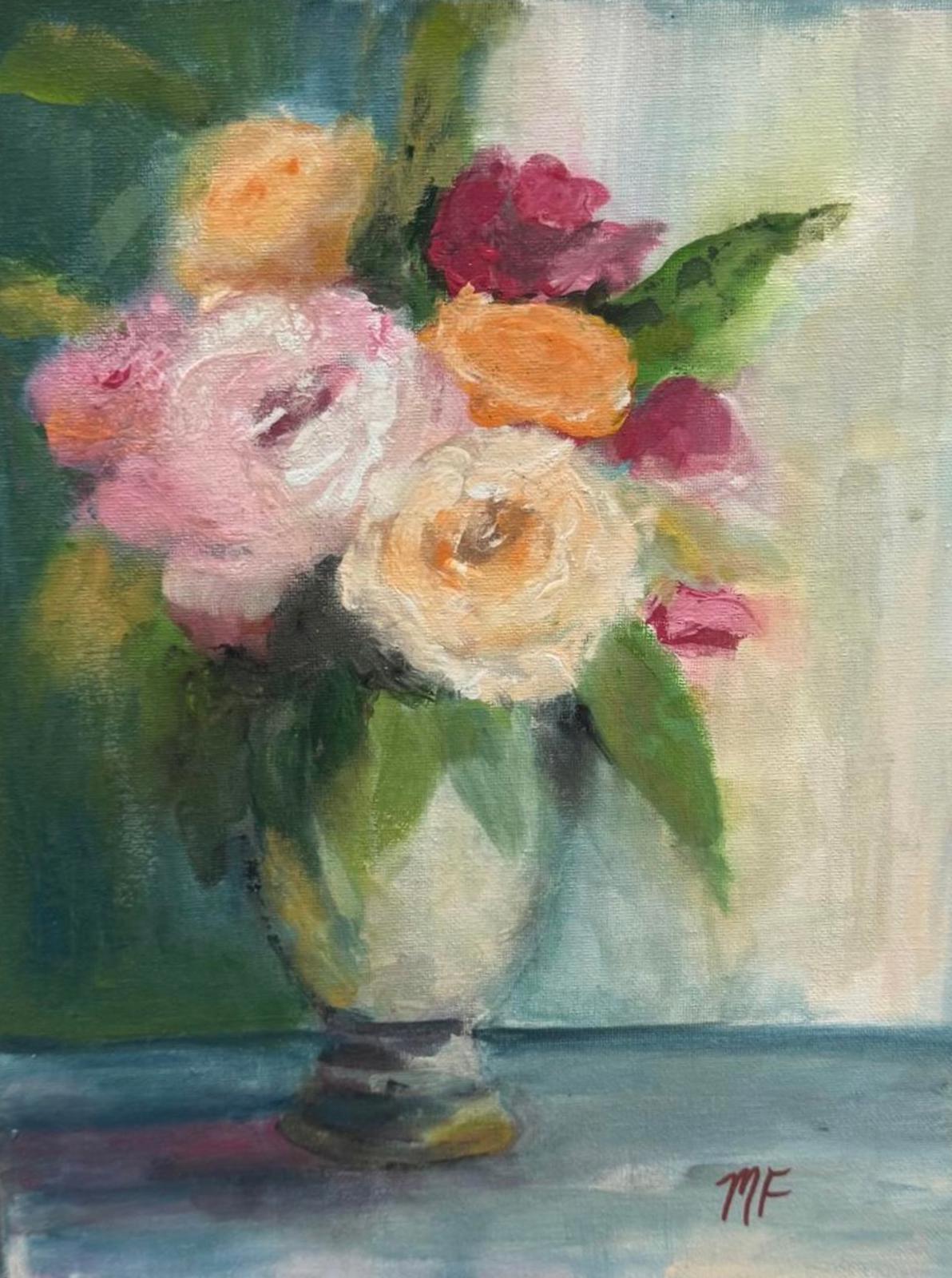 Original Painting by Mechelle Flowers "Blush & Apricot Bouquet" Size 8x10 On Wood Panel Framed In A Gold Floater Frame floral art