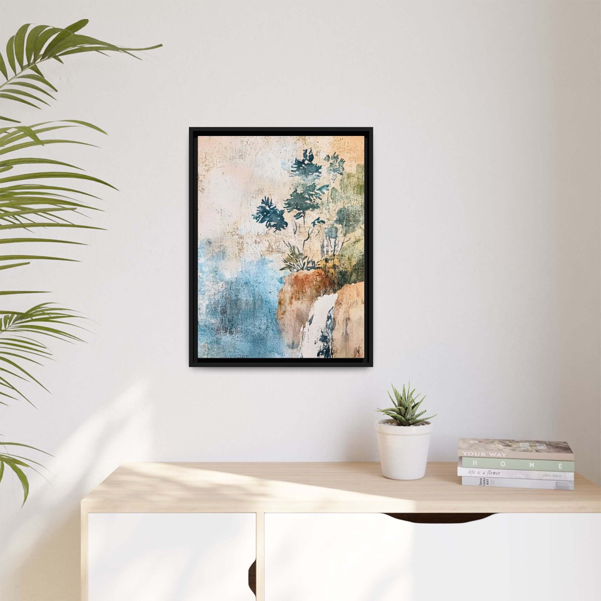Framed watercolor canvas of a serene misty forest landscape on wall, enhancing home decor with elegance and calm.