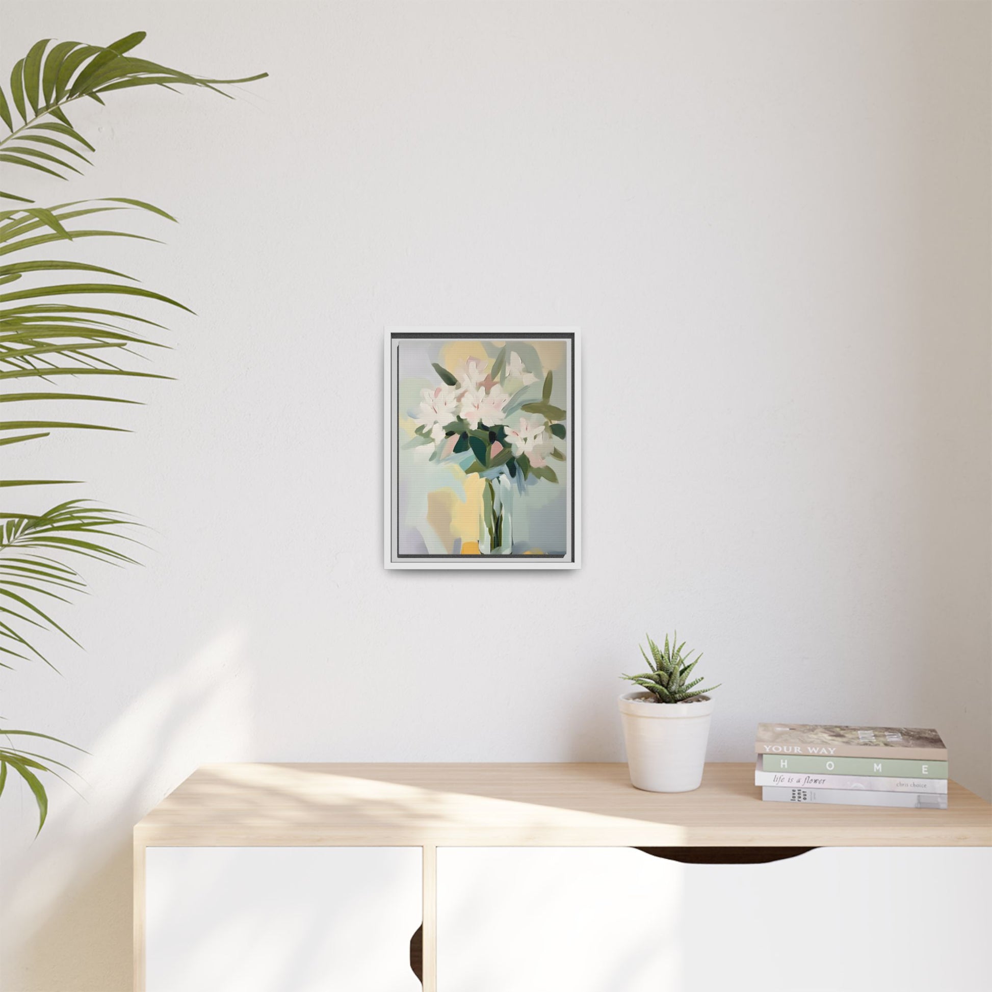 Soft Abstract Floral Wall Art – Framed Modern Canvas with White Flowers in Green Vase displayed on a minimalist wall.