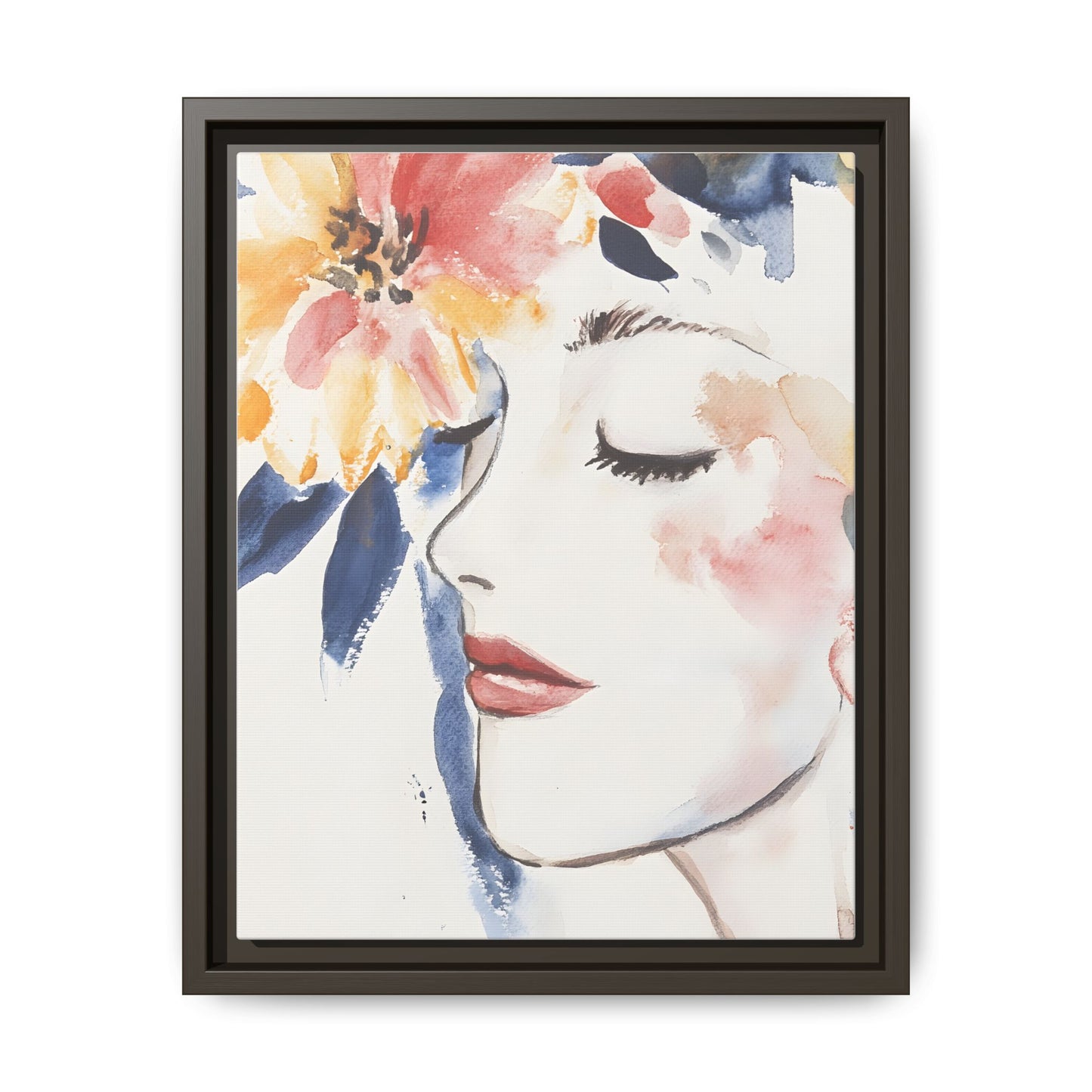 Multi-Color Framed Matte Canvas Art - Floral Face Portrait in black frame, featuring a delicate watercolor illustration with floral accents.