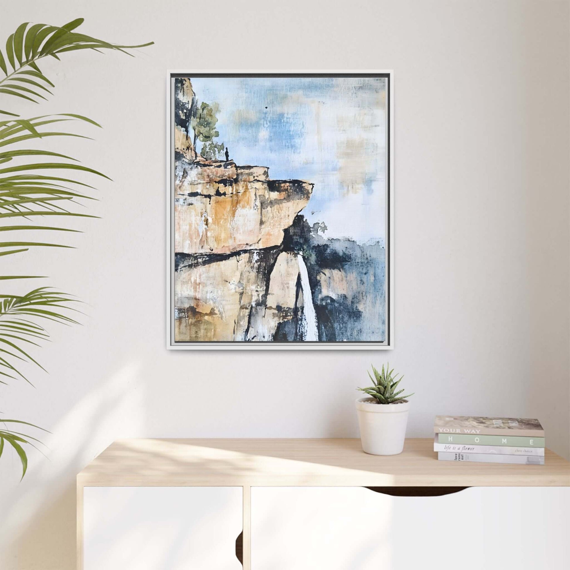 Framed impressionistic scenic landscape waterfall canvas wall art in modern interior, evoking serenity and harmony.