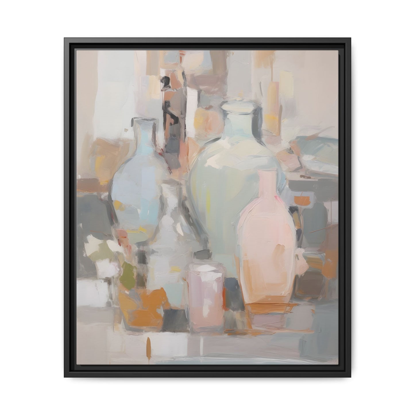 Modern Abstract Still Life Wall Art – Colorful Framed Canvas with Blue, Pink & Terracotta Bottles featuring vibrant decor piece