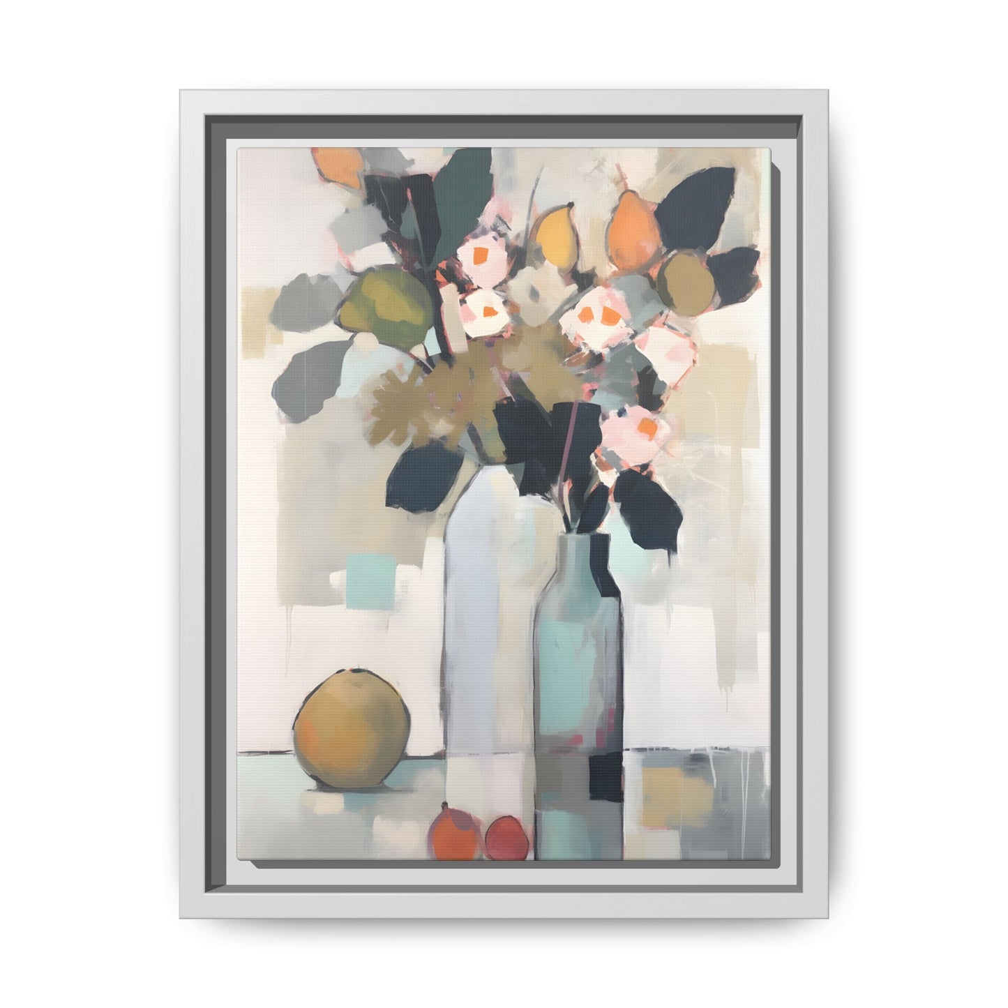 Modern Floral Still Life Wall Art – Framed Canvas with Bold Leaves and Citrus in Vase, featuring abstract vases and warm color palette.