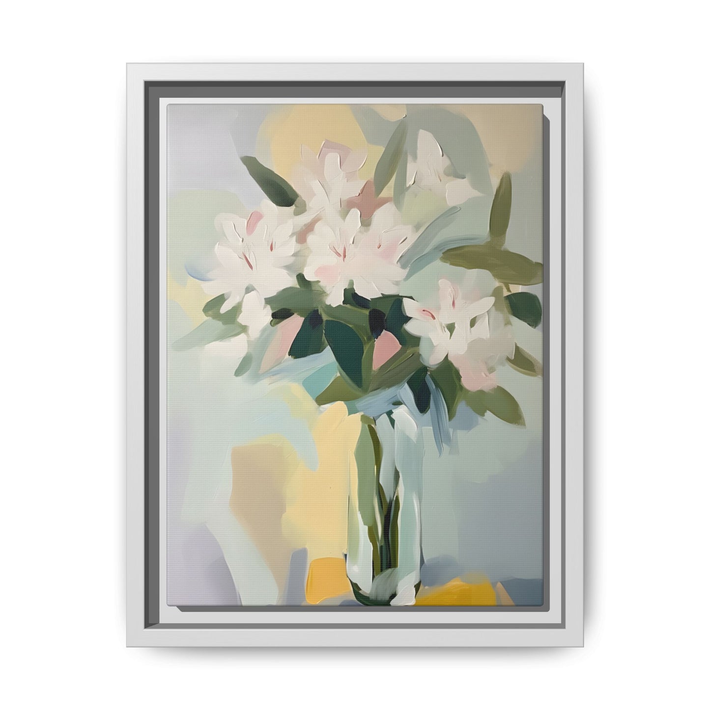 Soft Abstract Floral Wall Art – Framed Modern Canvas with White Flowers in Green Vase featuring elegant white blooms and a serene background.