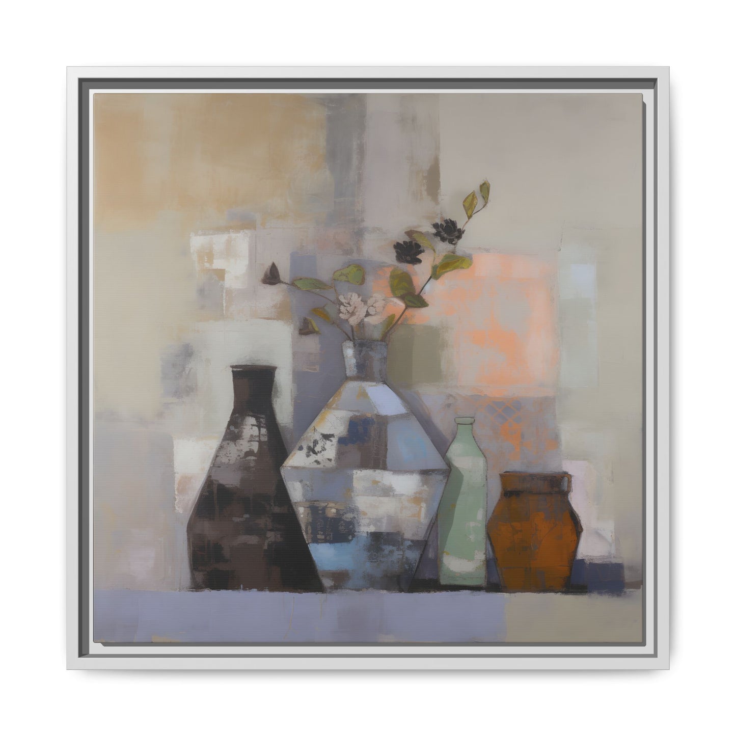 Earthy Bottle Still Life Wall Art – Framed Abstract Canvas with Geometric Vases in Neutral Tones featuring floral sprigs.