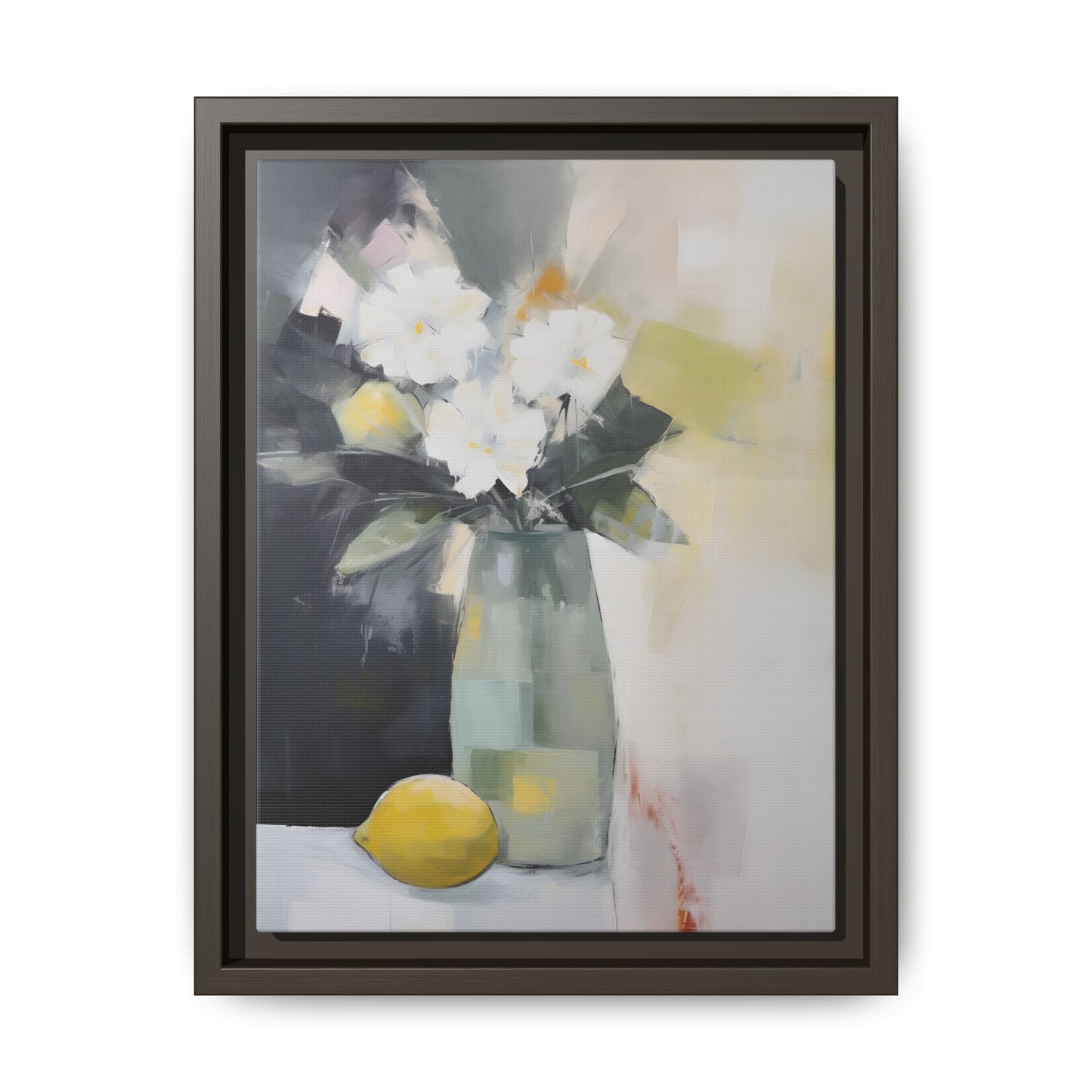 Modern Floral Still Life Wall Art – Framed Canvas with White Flowers and Lemon in Soft Green Vase
