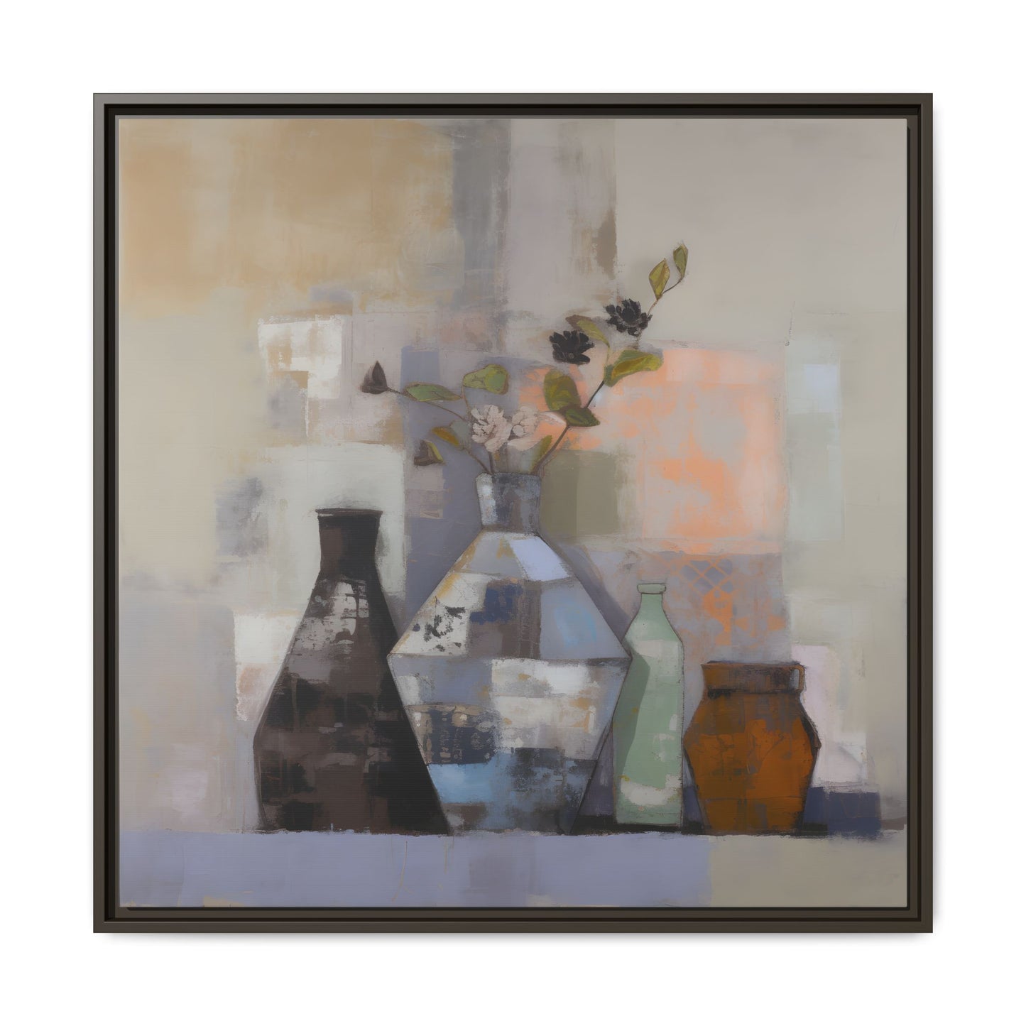 Earthy Bottle Still Life Wall Art – Framed Abstract Canvas with Geometric Vases in Neutral Tones featuring floral sprigs.