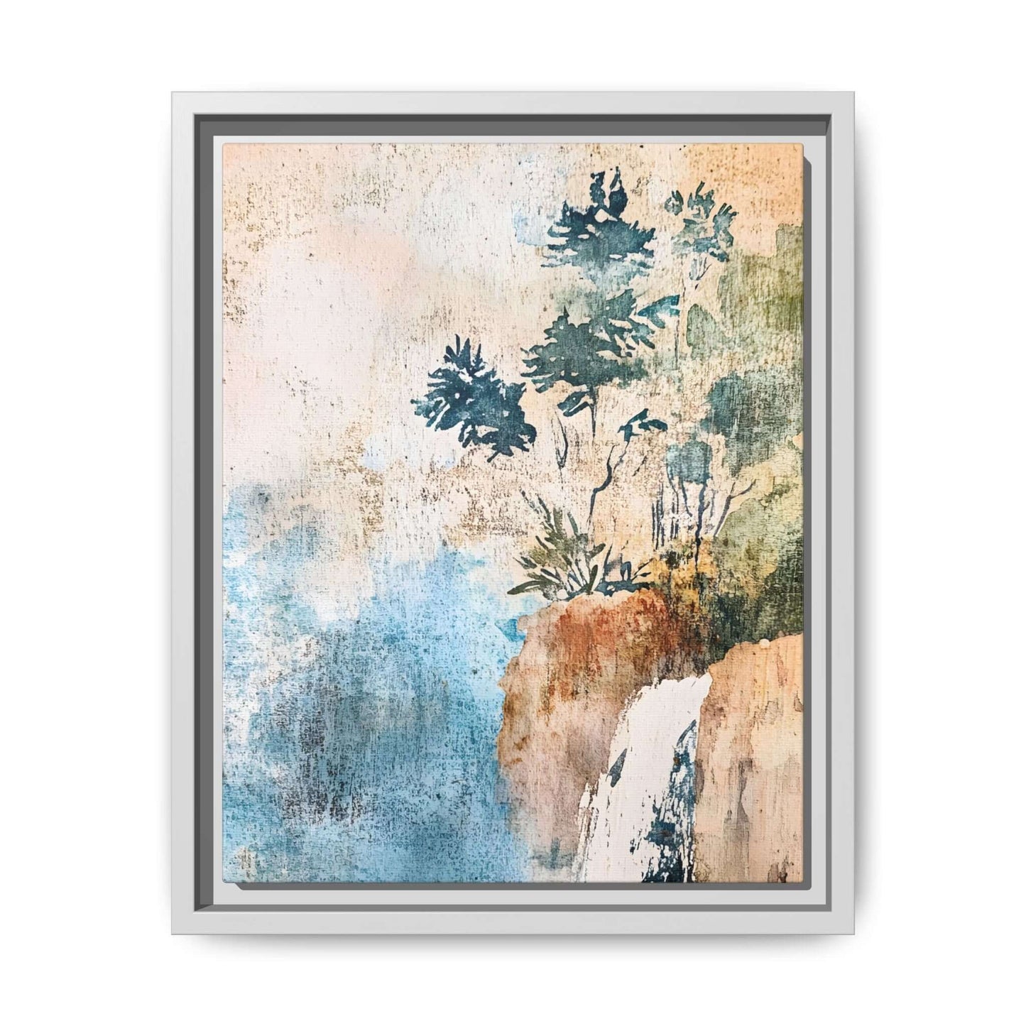 Framed Watercolor Canvas Print of Misty Forest Landscape with trees and waterfall, perfect for elegant home decor.