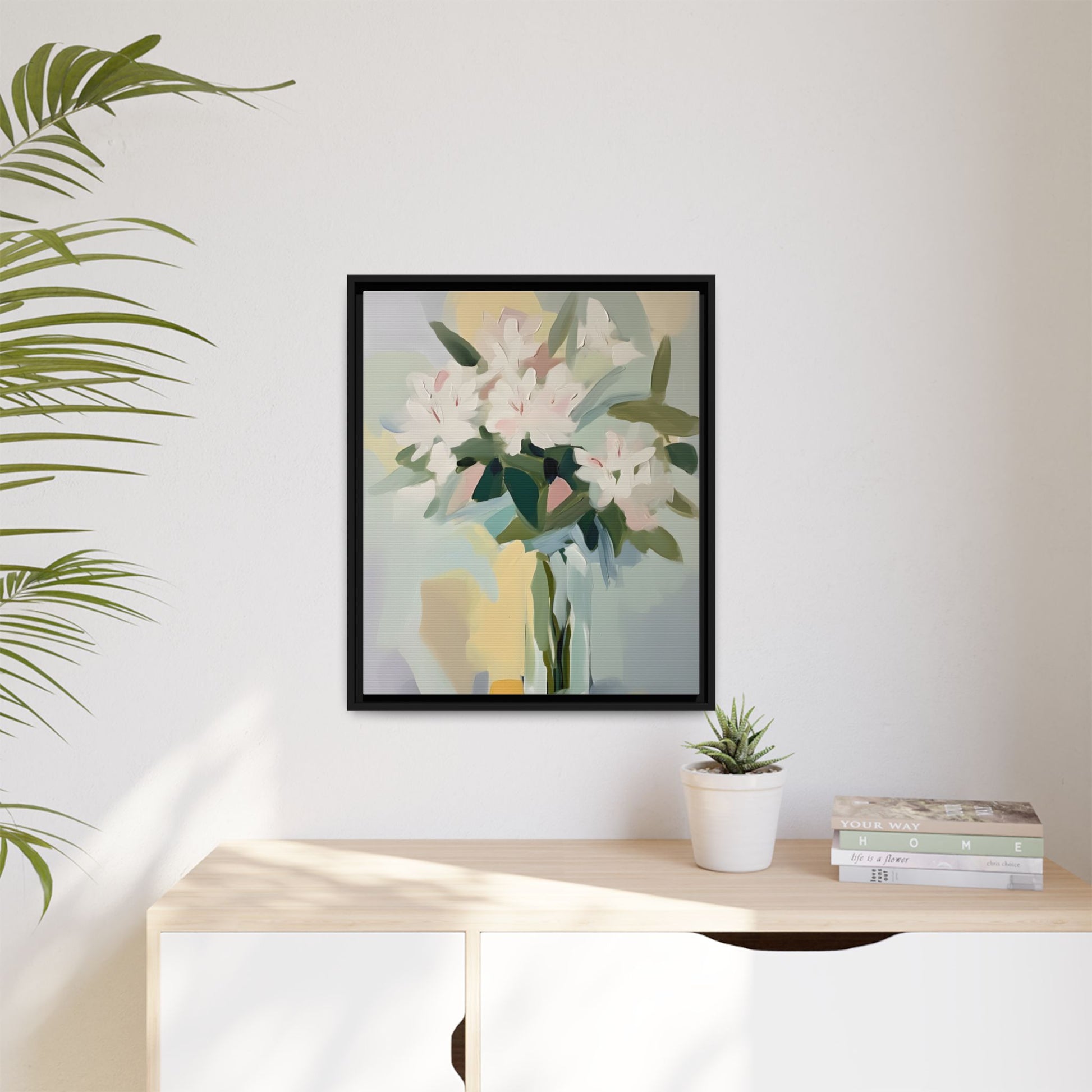 Soft Abstract Floral Wall Art – Framed Modern Canvas with White Flowers in Green Vase on wall, delicate and elegant decor