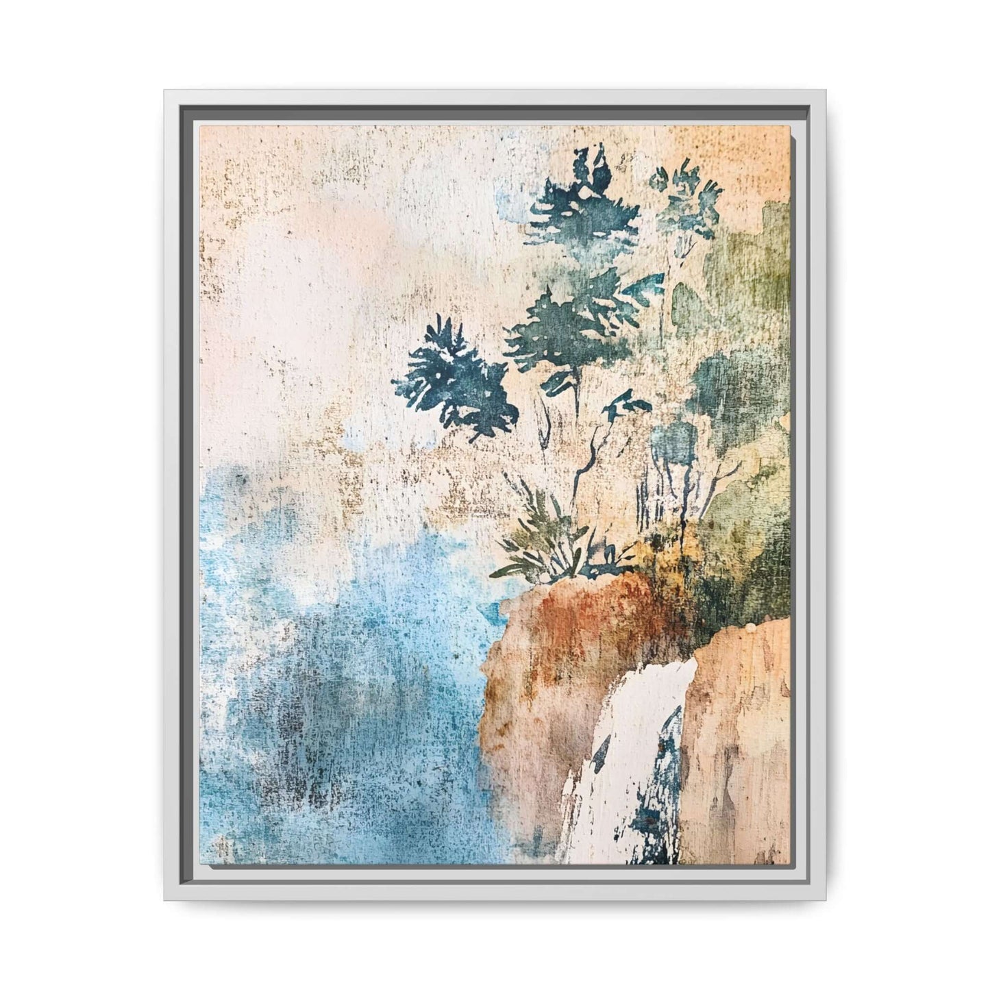 Framed watercolor canvas print of a misty forest landscape, adding elegance and serenity to home decor.