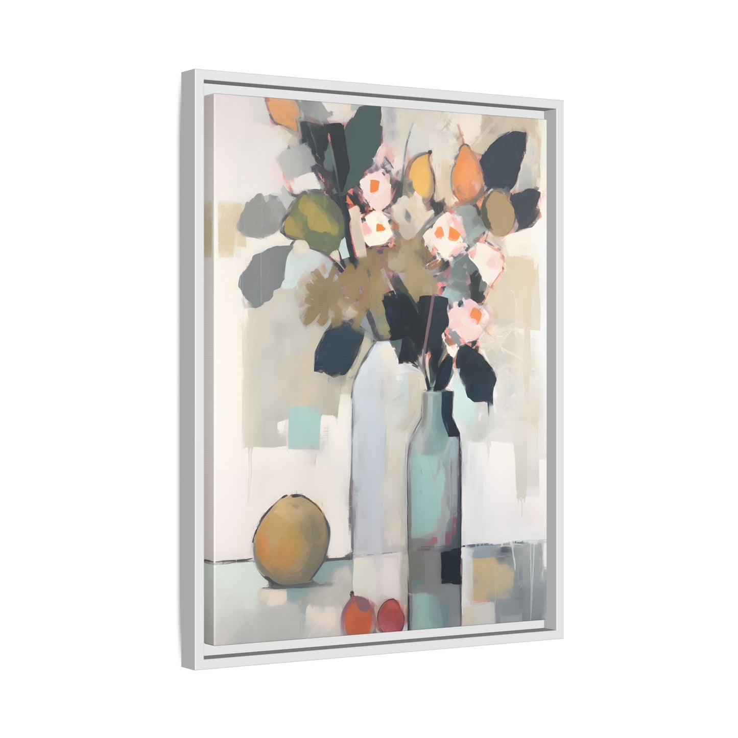 Modern Floral Still Life Wall Art – Framed Canvas with Bold Leaves and Citrus in Vase on white background