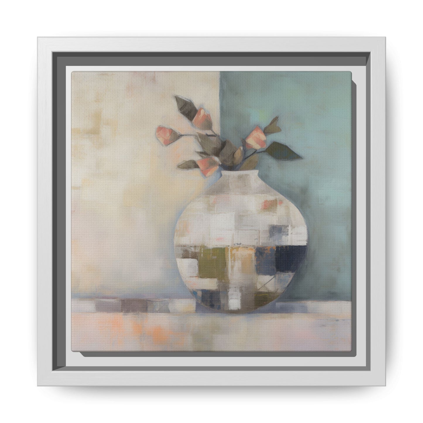 Geometric Floral Still Life Wall Art – Framed Abstract Canvas with Vase and Blush Pink Buds on textured background