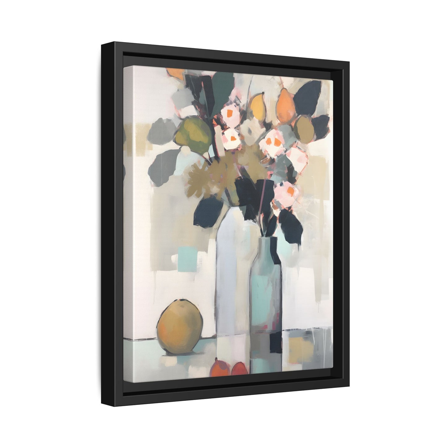 Modern Floral Still Life Wall Art – Framed Canvas with Bold Leaves and Citrus in Vase, featuring abstract floral and citrus design.