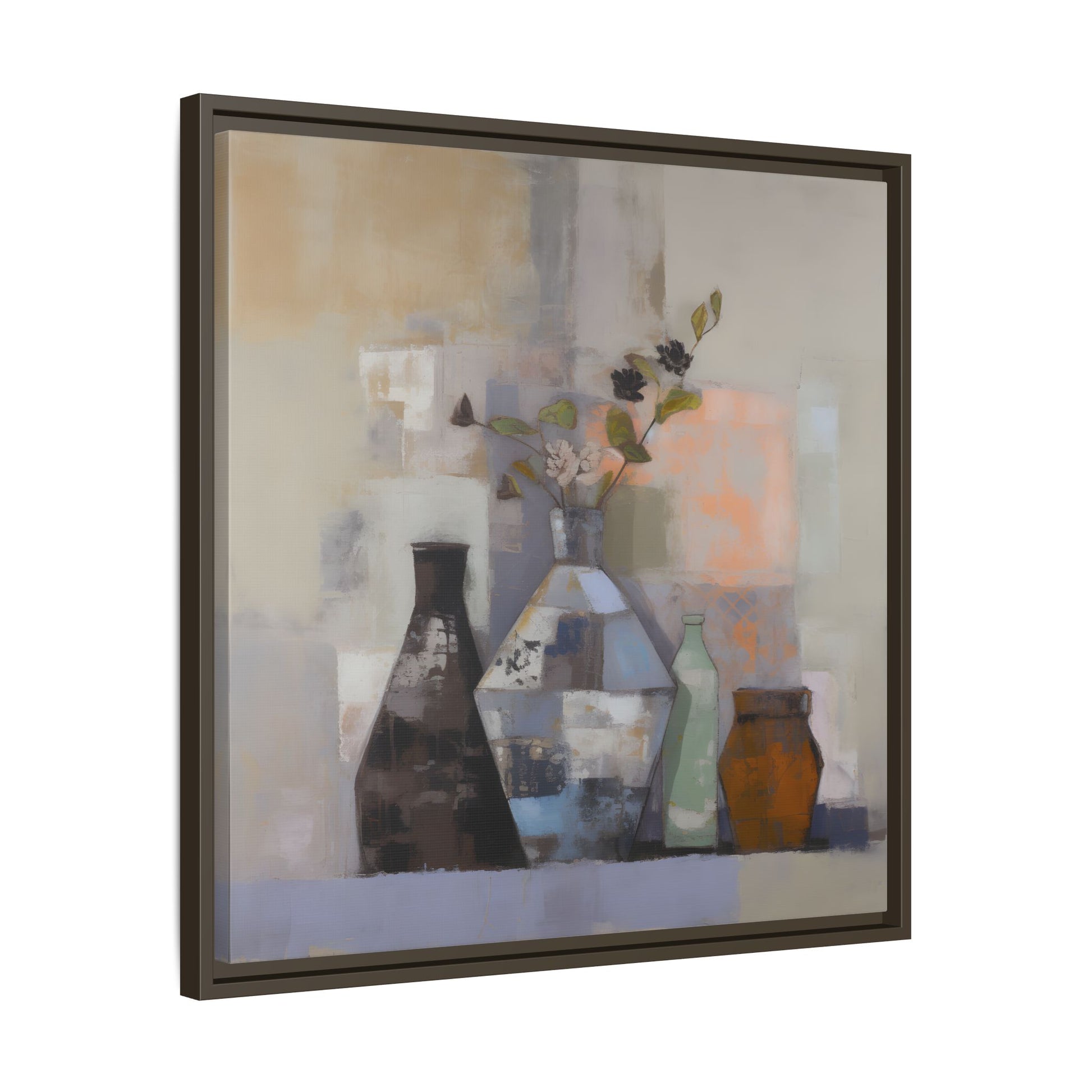 Earthy Bottle Still Life Wall Art – Framed Abstract Canvas with Geometric Vases in Neutral Tones featuring soft floral sprigs.