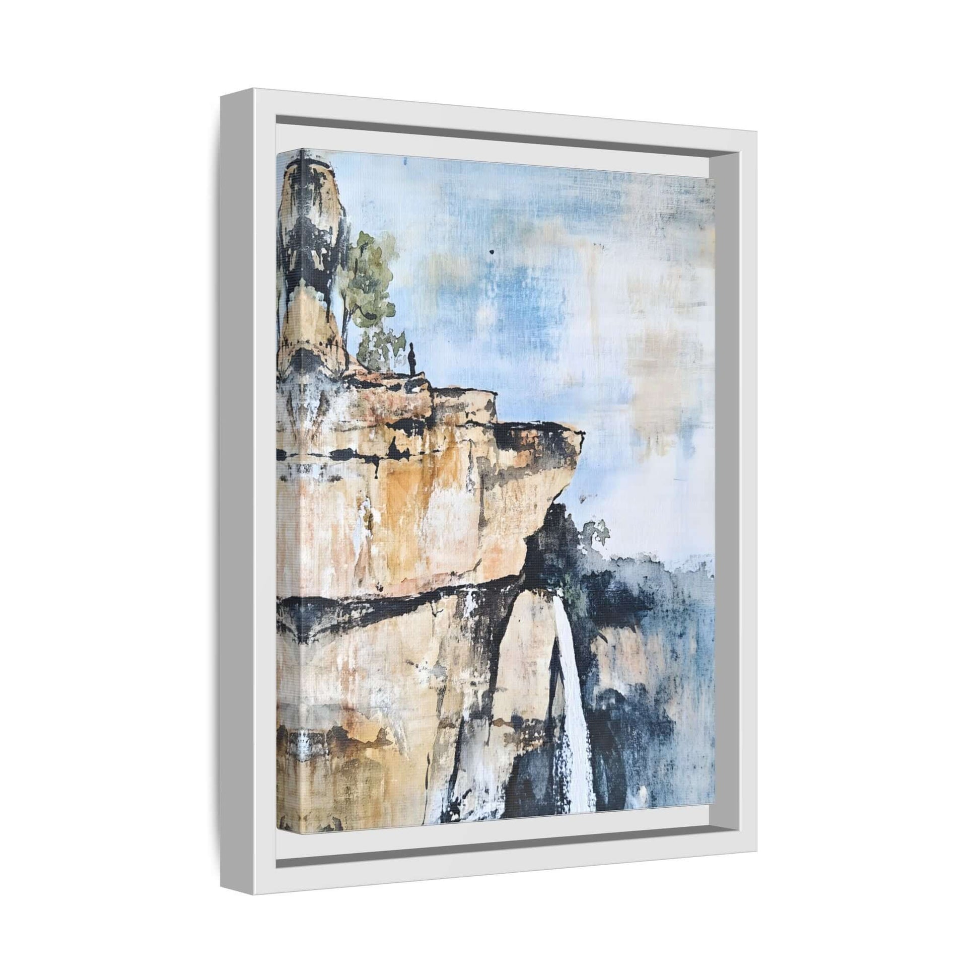 Framed canvas wall art with impressionistic landscape of a waterfall, perfect for creating a serene and harmonious living space.