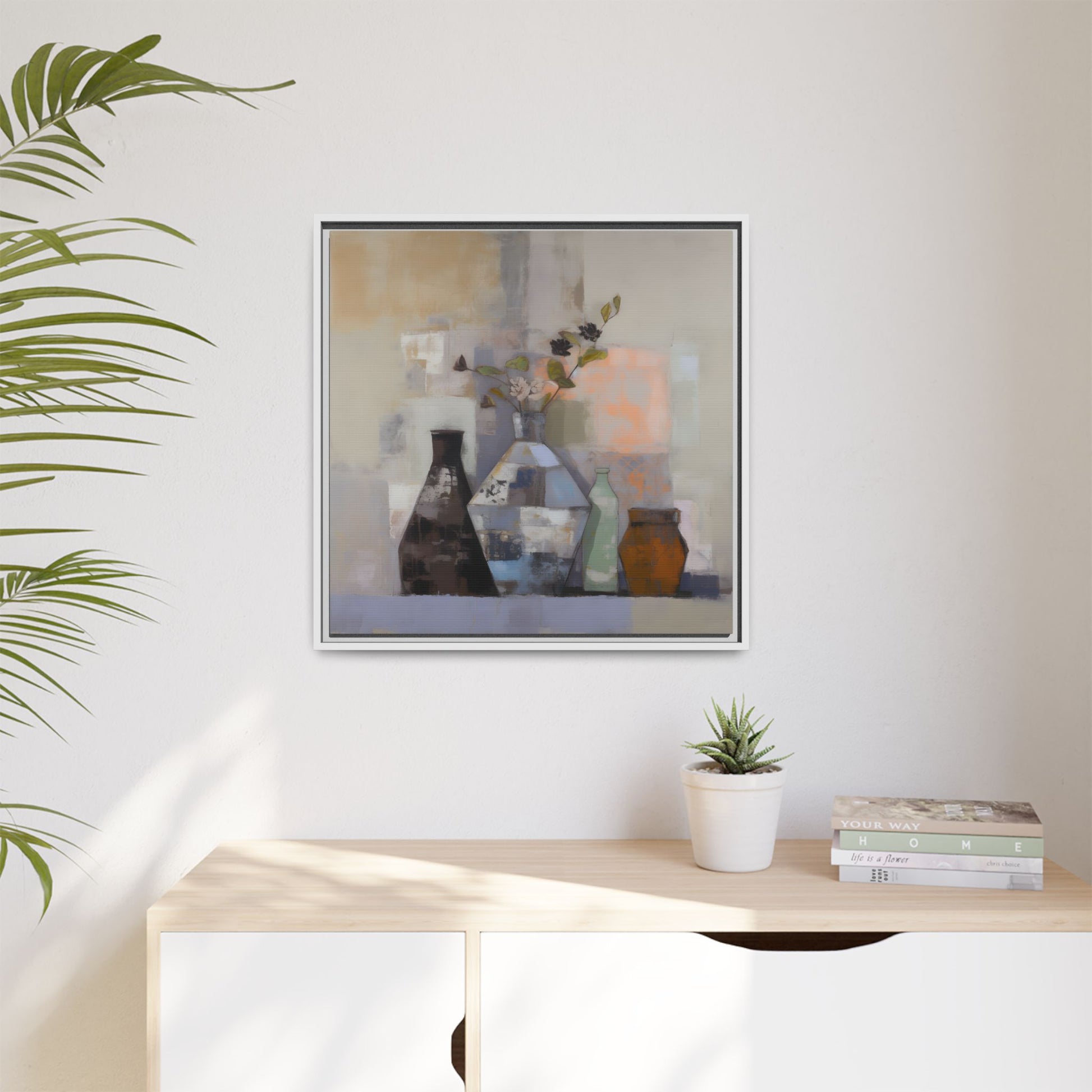 Earthy Bottle Still Life Wall Art – Framed Abstract Canvas with Geometric Vases in Neutral Tones hanging on a light-colored wall.