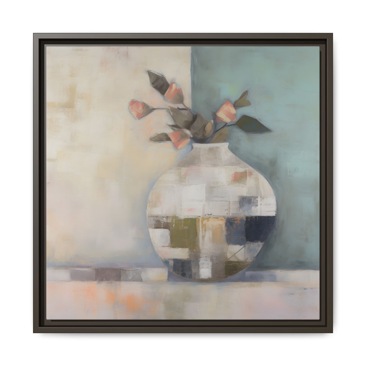 Geometric Floral Still Life Wall Art – Framed Abstract Canvas with Vase and Blush Pink Buds
