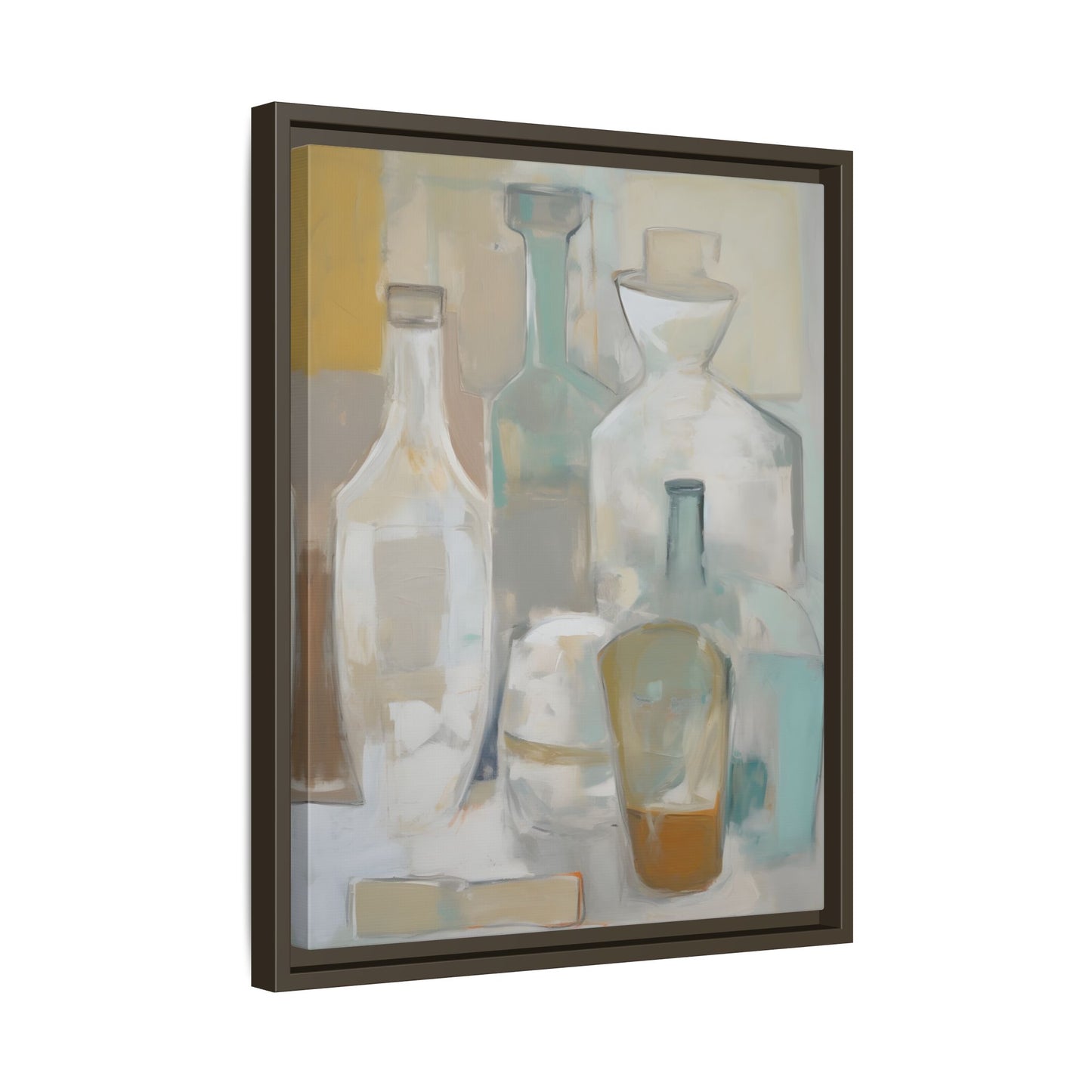 Modern Still Life Wall Art – Neutral Bottles Framed Canvas in Beige, Aqua & Amber; elegant home décor canvas, ready to hang.