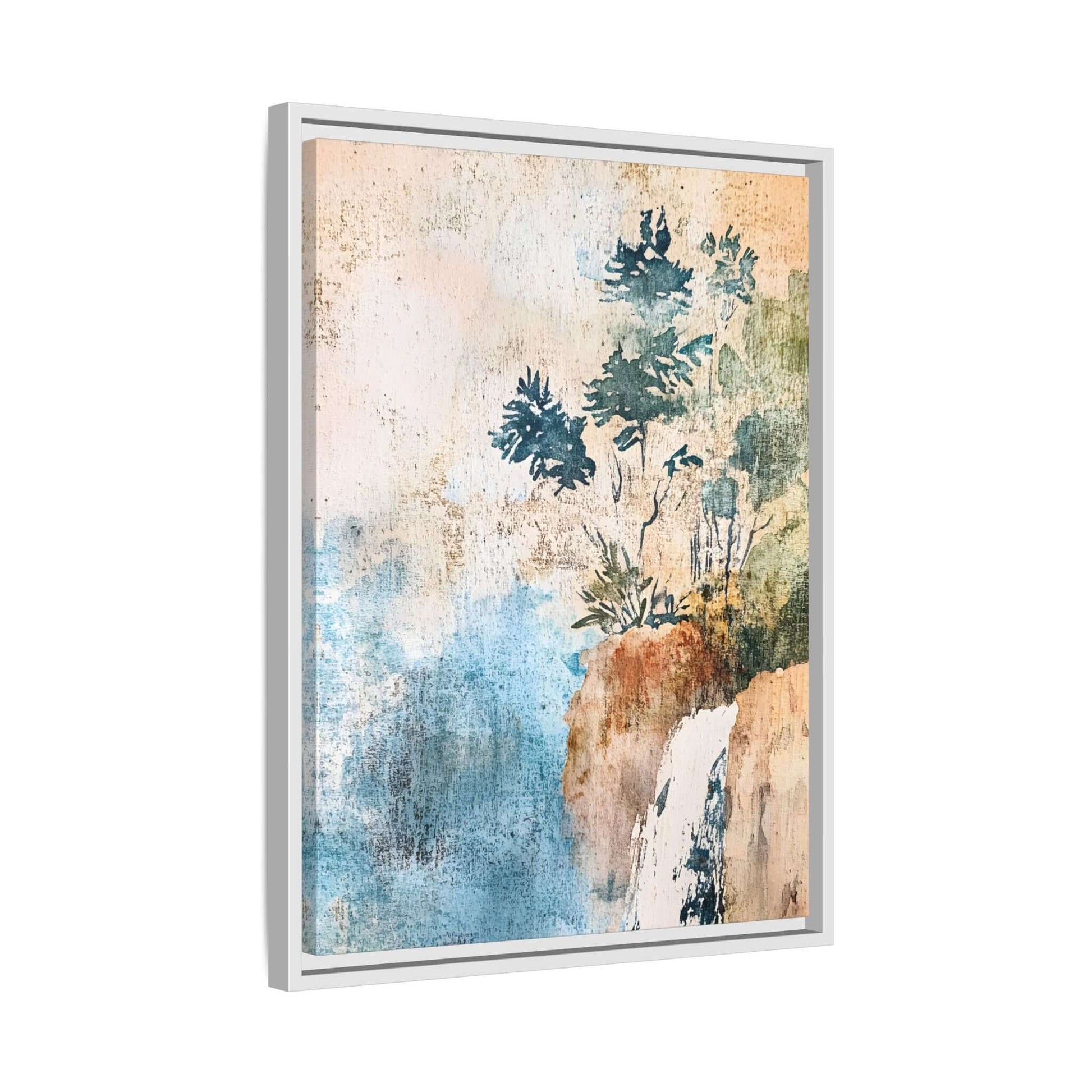 Framed watercolor canvas print of a misty forest landscape, featuring calming blue and earthy tones. Ideal for living room decor.