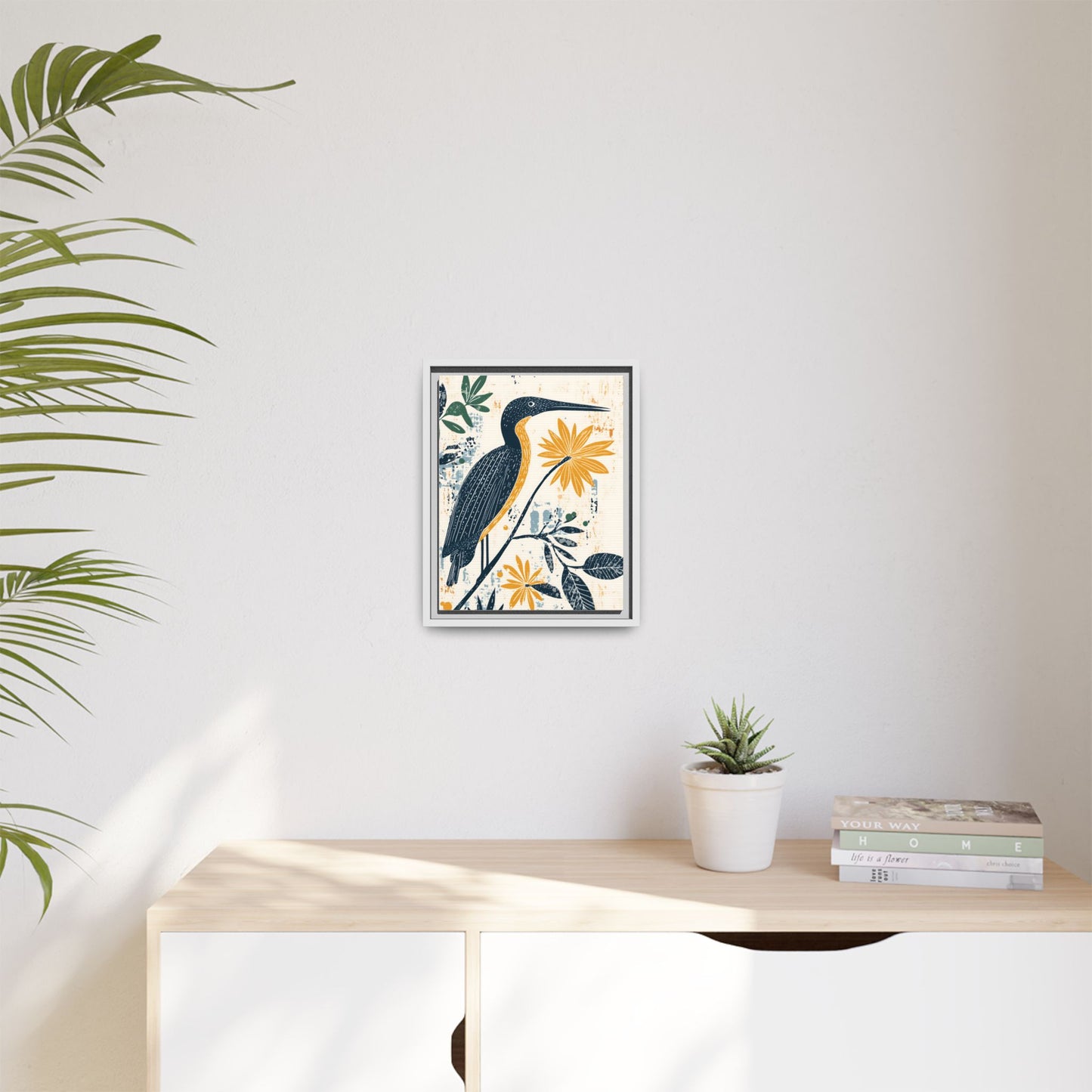 Colorful Bird and Flower Framed Matte Canvas Art