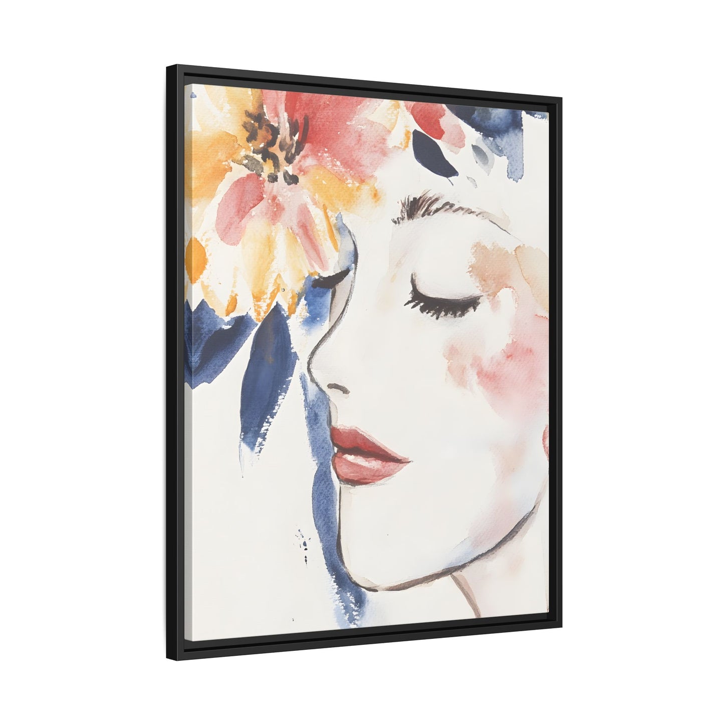 Multi-Color Framed Matte Canvas Art - Floral Face Portrait, vertical orientation, featuring a colorful floral design on a serene face.