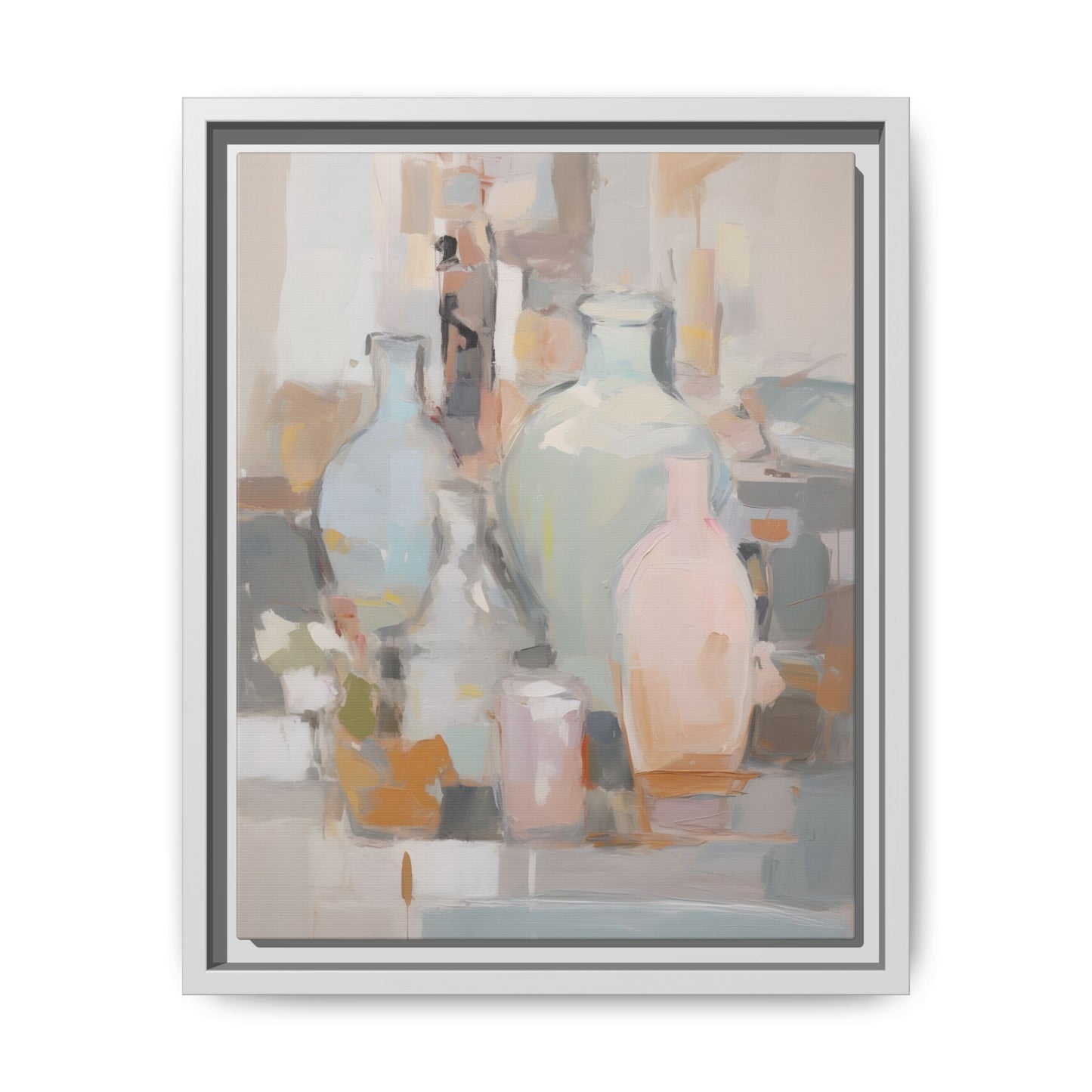 Modern Abstract Still Life Wall Art – Colorful Framed Canvas with Blue, Pink & Terracotta Bottles