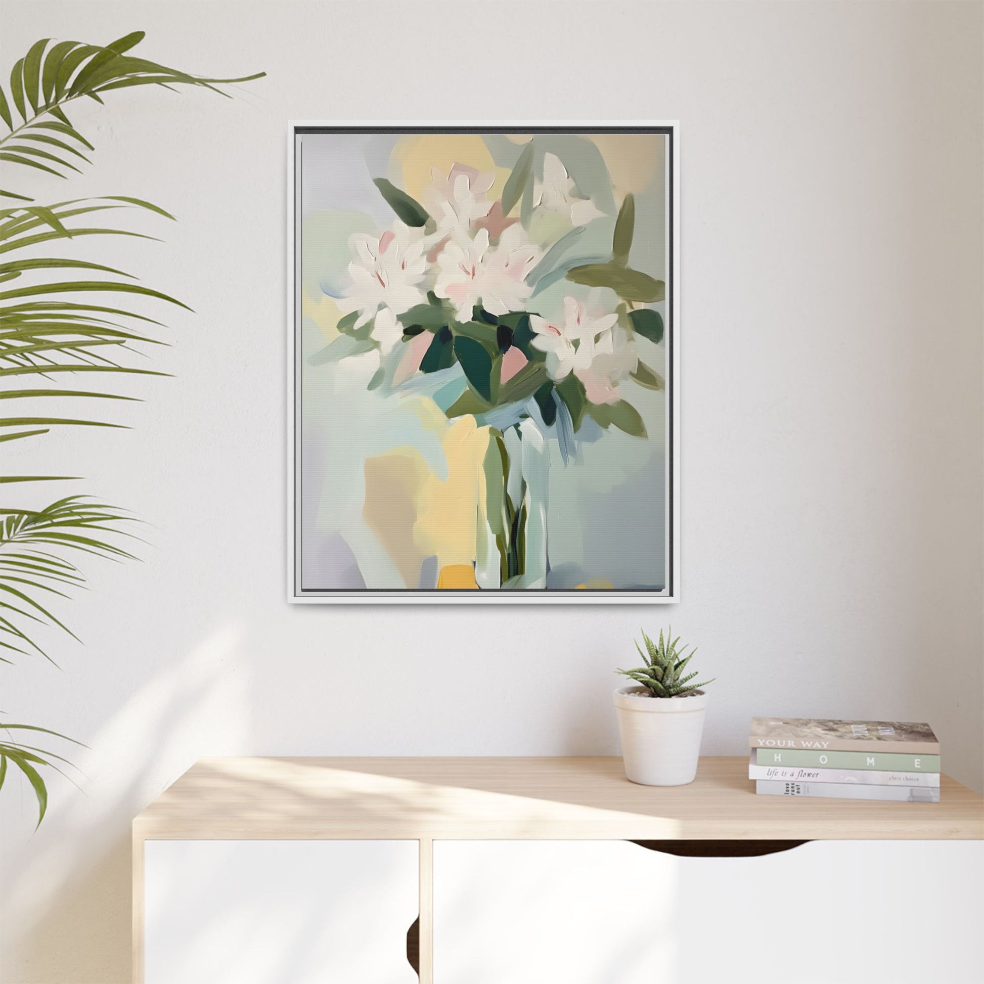 Soft Abstract Floral Wall Art – Framed Modern Canvas with White Flowers in Green Vase