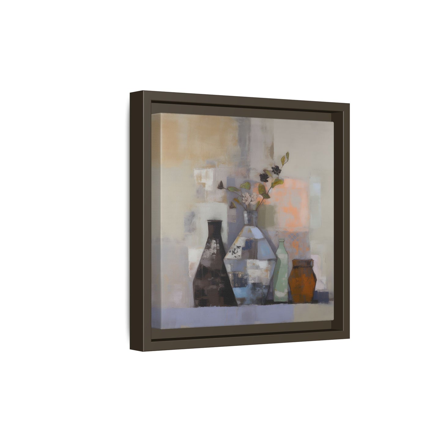Earthy Bottle Still Life Wall Art – Framed Abstract Canvas with Geometric Vases in Neutral Tones, modern still life artwork