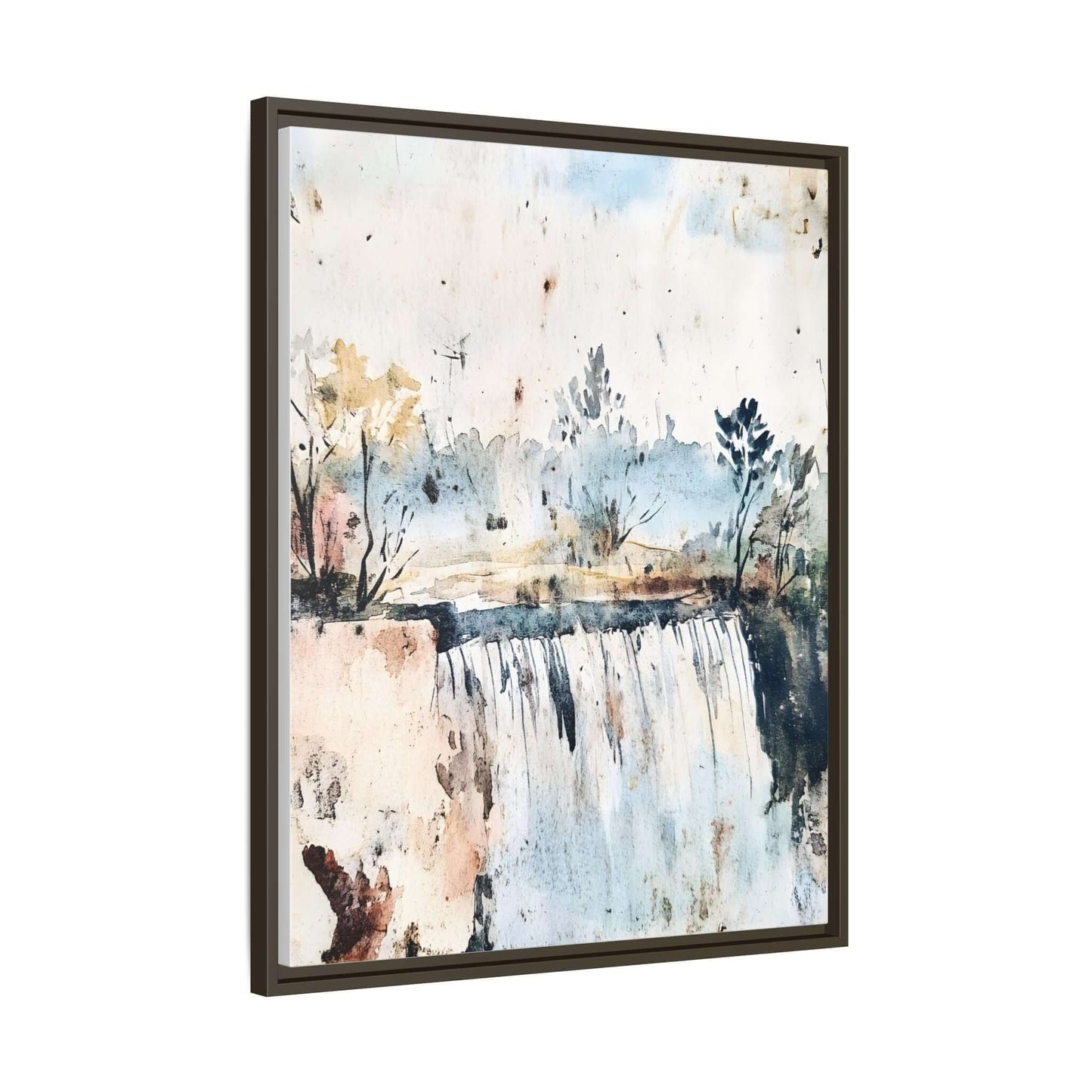 Framed watercolor wall art depicting a serene landscape with a waterfall, ideal for tranquil home decor.