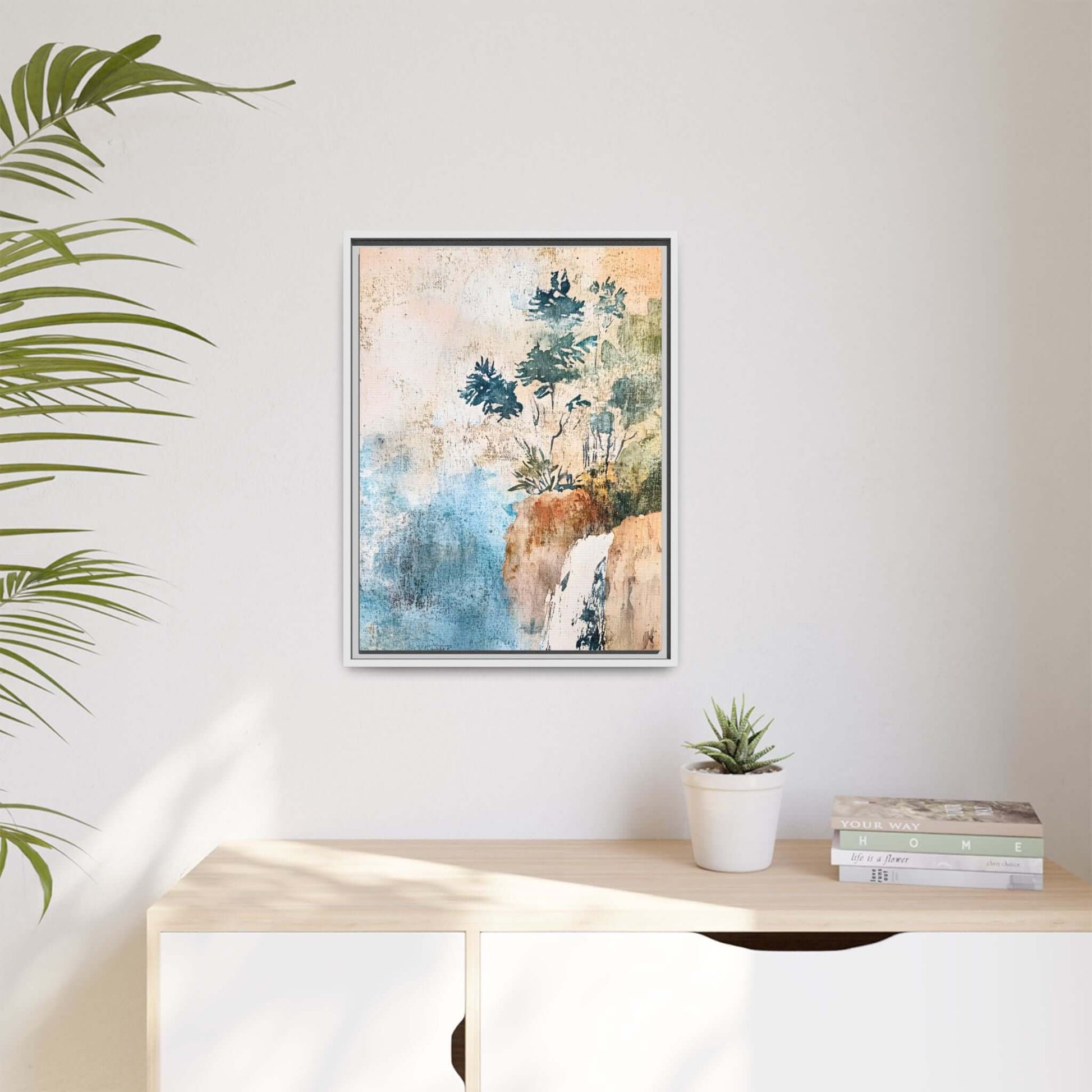 Serene misty forest watercolor wall art framed and displayed in a modern living space.
