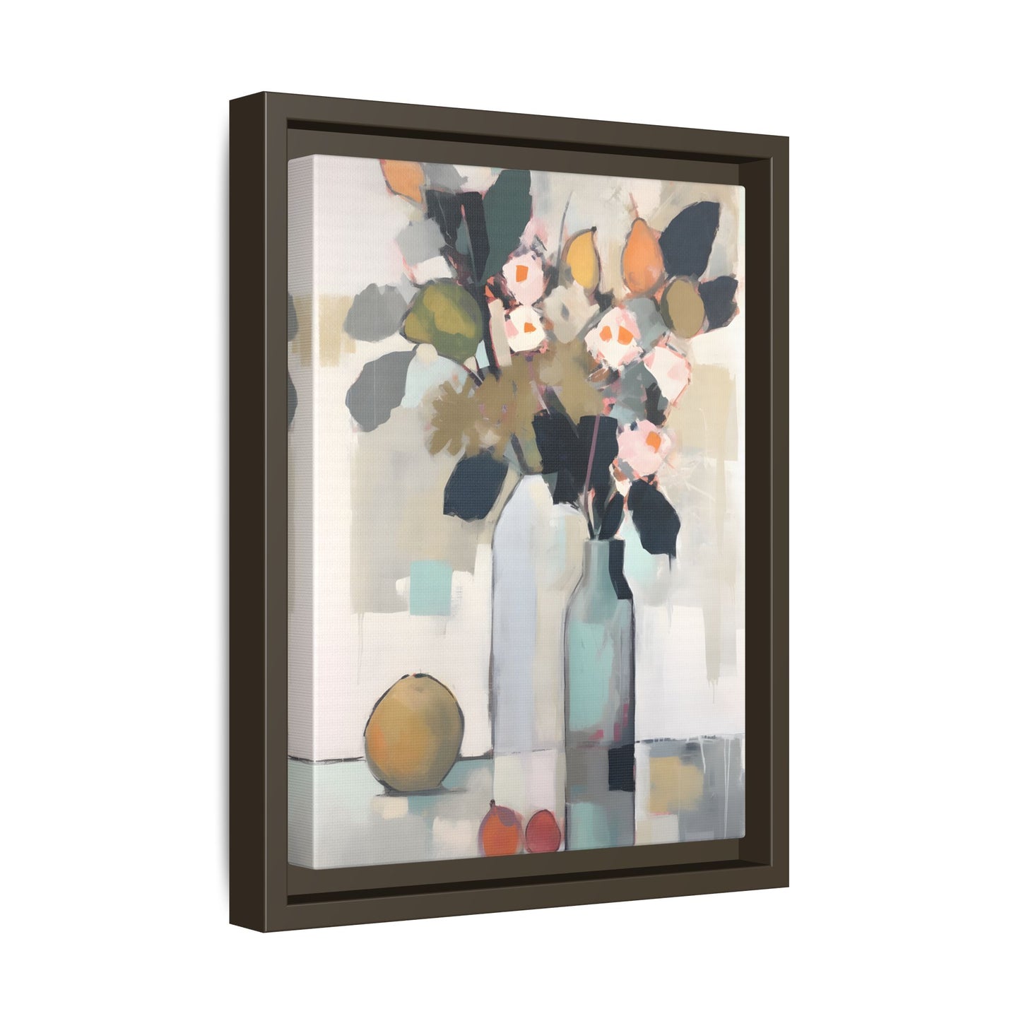 Modern Floral Still Life Wall Art – Framed Canvas with Bold Leaves and Citrus in Vase featuring abstract vases and vibrant colors.