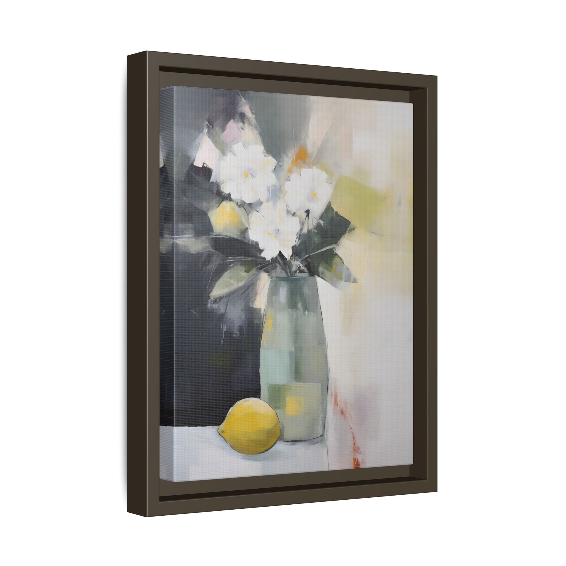 Modern Floral Still Life Wall Art – Framed Canvas with White Flowers and Lemon in Soft Green Vase