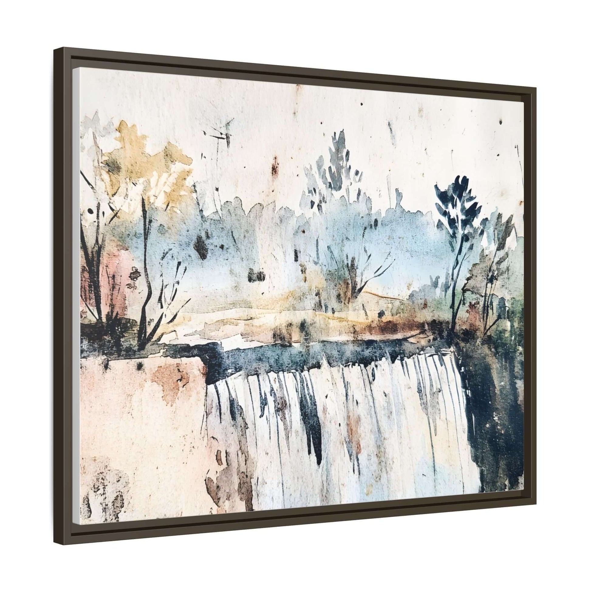 Framed watercolor wall art depicting a serene landscape with trees and a waterfall, perfect for home decor in various sizes.