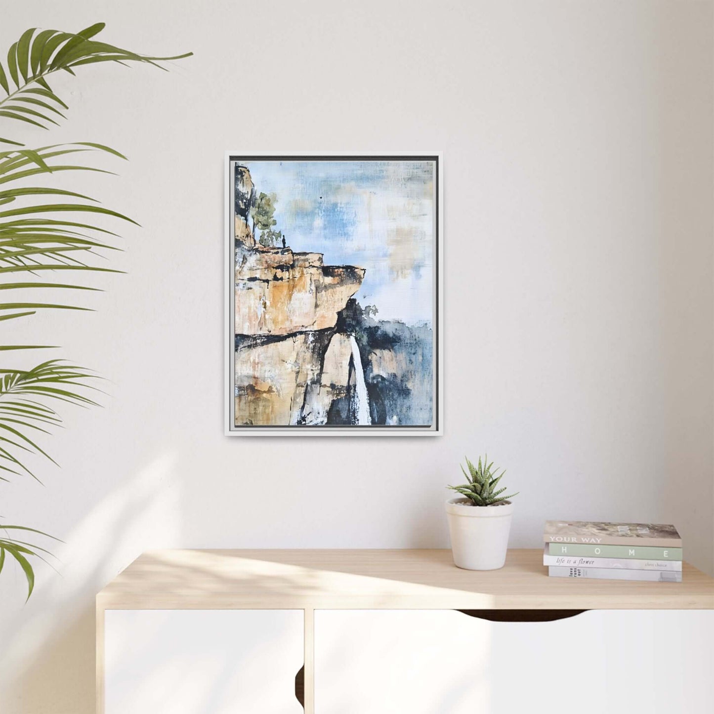 Impressionistic waterfall framed canvas art on a neutral wall, enhancing room ambiance with serene landscape scenery