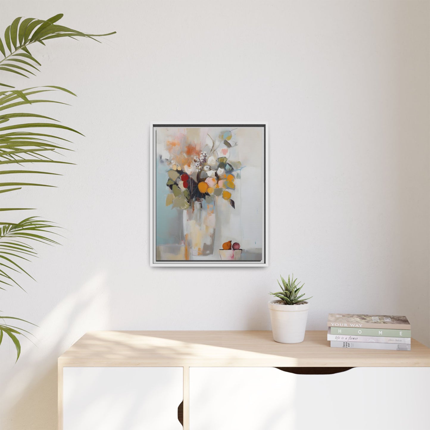 Colorful Floral Still Life Wall Art – Framed Abstract Canvas with Bright Blooms and Fruit Bowl on light wall