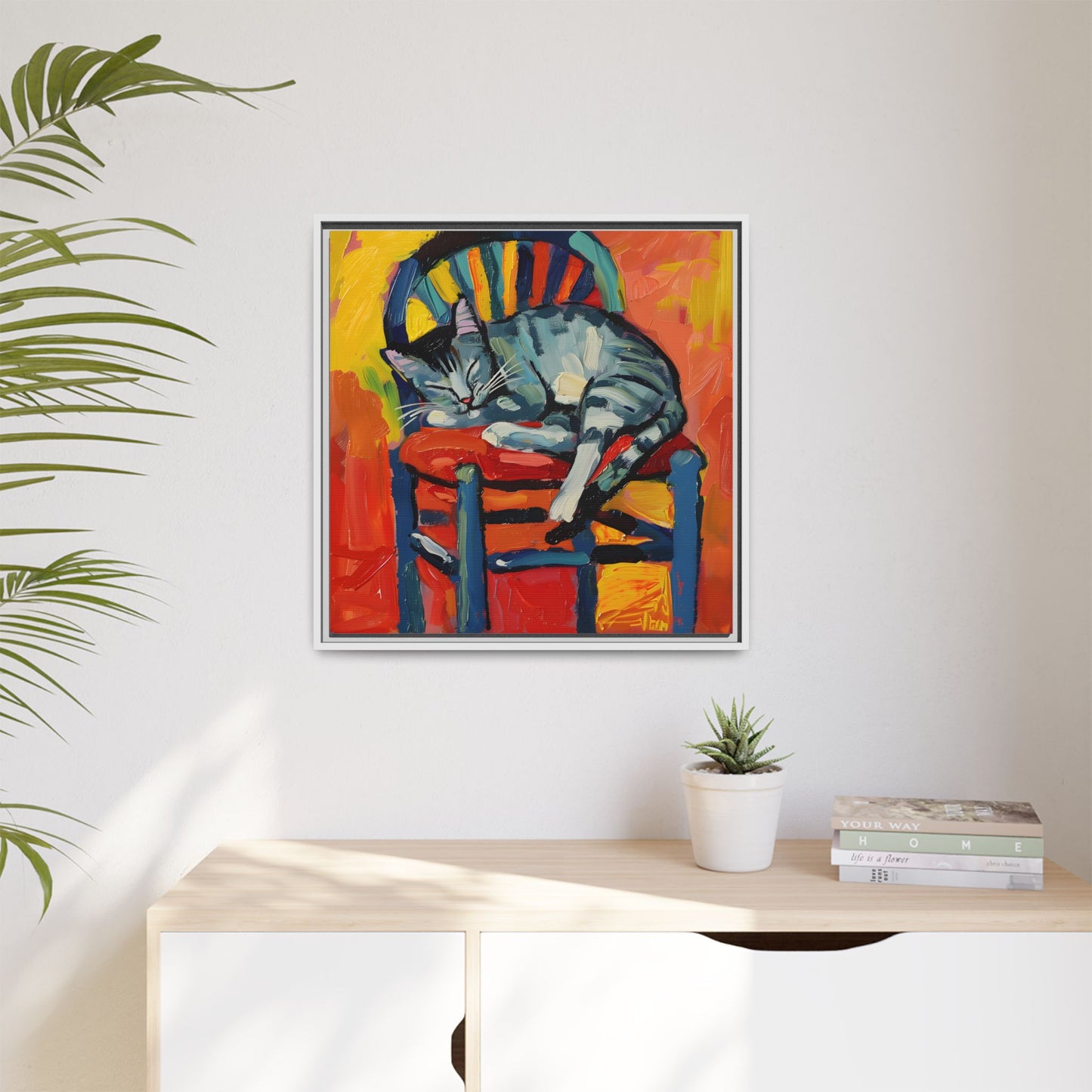 Colorful Cat Art Print - Framed Matte Canvas